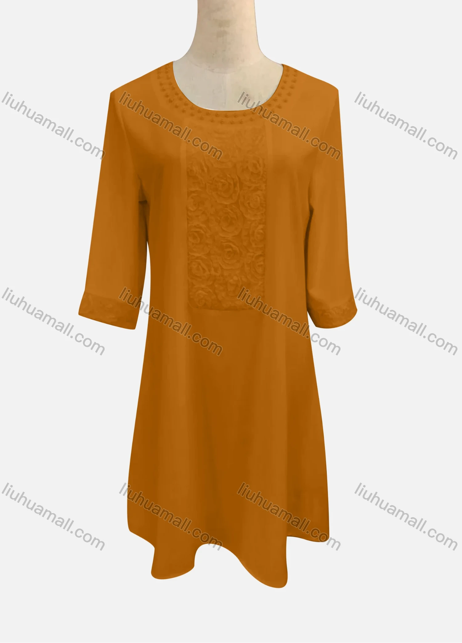 Wholesale Women's Casual Round Neck Embroidered Pearl Decor 3/4 Sleeve Ruffle Hem Short Dress - Liuhuamall