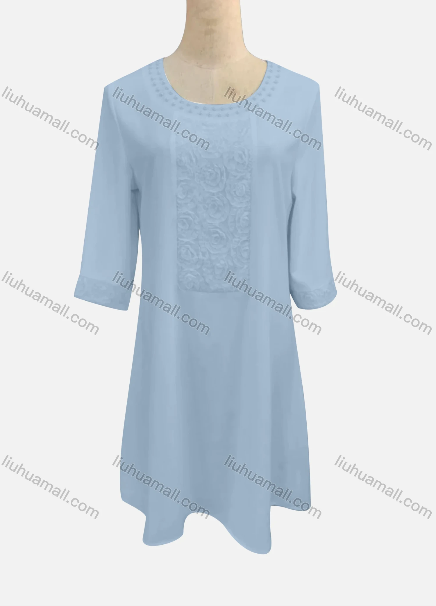 Wholesale Women's Casual Round Neck Embroidered Pearl Decor 3/4 Sleeve Ruffle Hem Short Dress - Liuhuamall