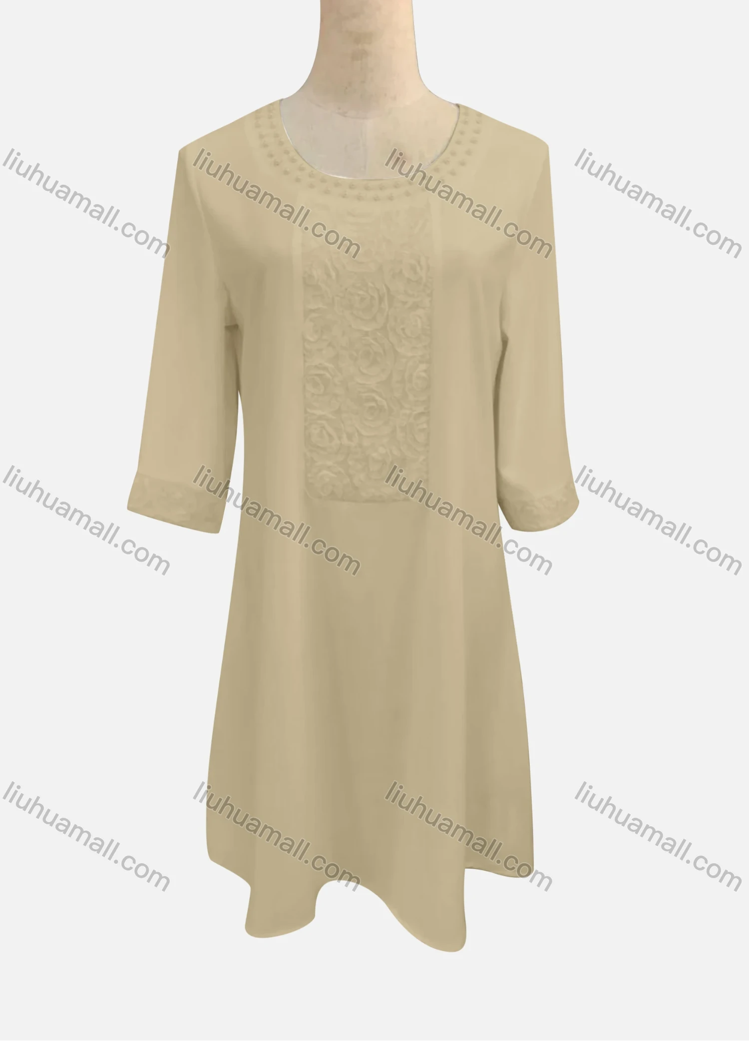 Wholesale Women's Casual Round Neck Embroidered Pearl Decor 3/4 Sleeve Ruffle Hem Short Dress - Liuhuamall