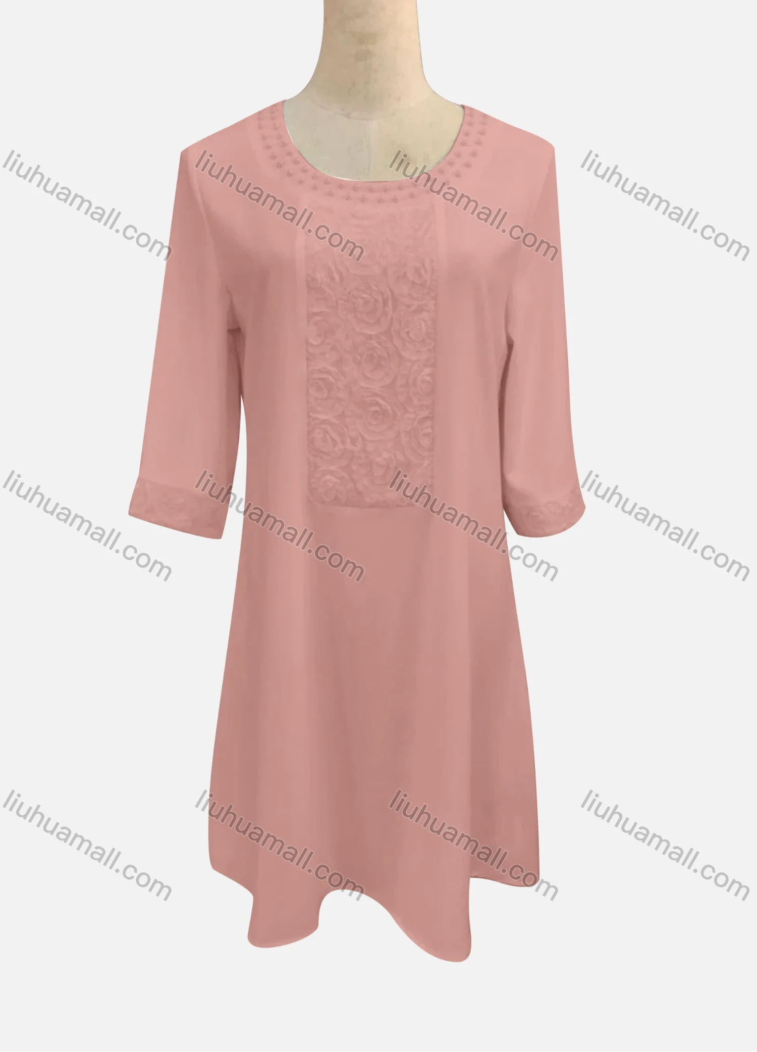 Wholesale Women's Casual Round Neck Embroidered Pearl Decor 3/4 Sleeve Ruffle Hem Short Dress - Liuhuamall