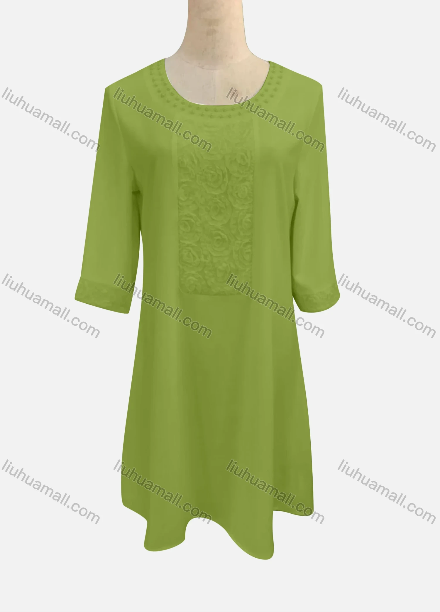 Wholesale Women's Casual Round Neck Embroidered Pearl Decor 3/4 Sleeve Ruffle Hem Short Dress - Liuhuamall