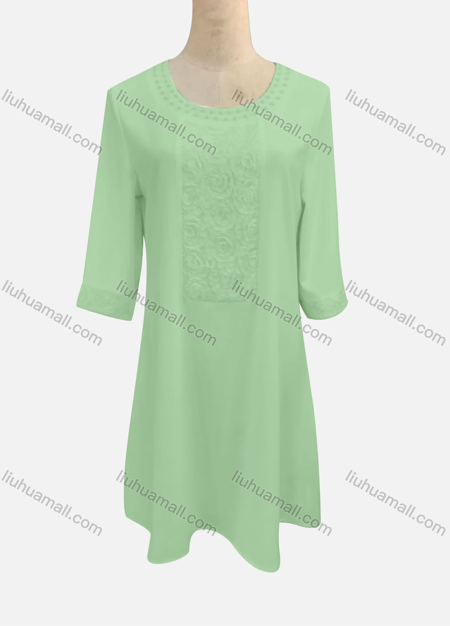 Wholesale Women's Casual Round Neck Embroidered Pearl Decor 3/4 Sleeve Ruffle Hem Short Dress - Liuhuamall