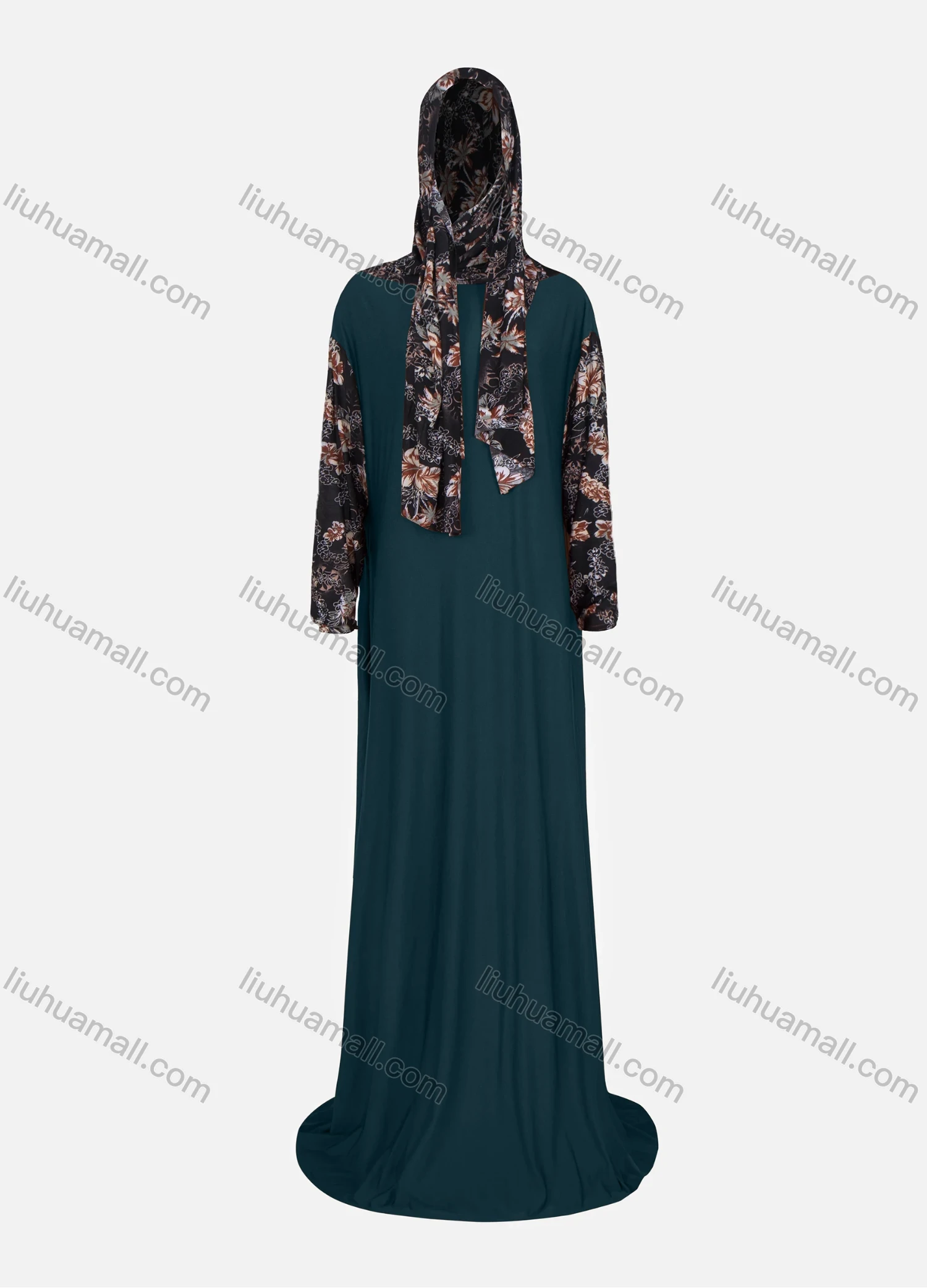 Wholesale Women's Muslim Islamic Modest Splicing Floral Print Prayer Floor Length Abaya Dress With Hijab 2 Pieces Set - Liuhuamall