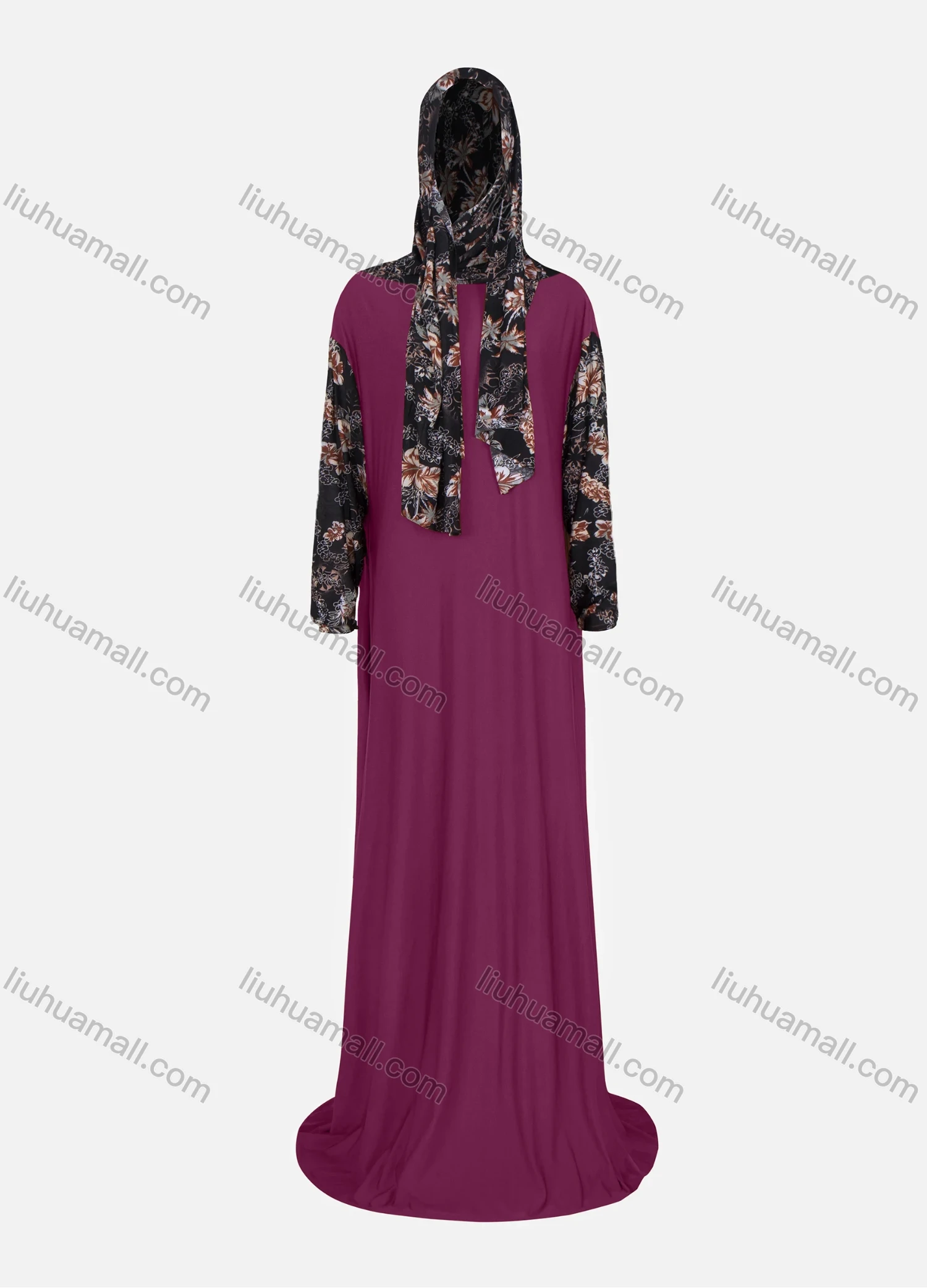 Wholesale Women's Muslim Islamic Modest Splicing Floral Print Prayer Floor Length Abaya Dress With Hijab 2 Pieces Set - Liuhuamall