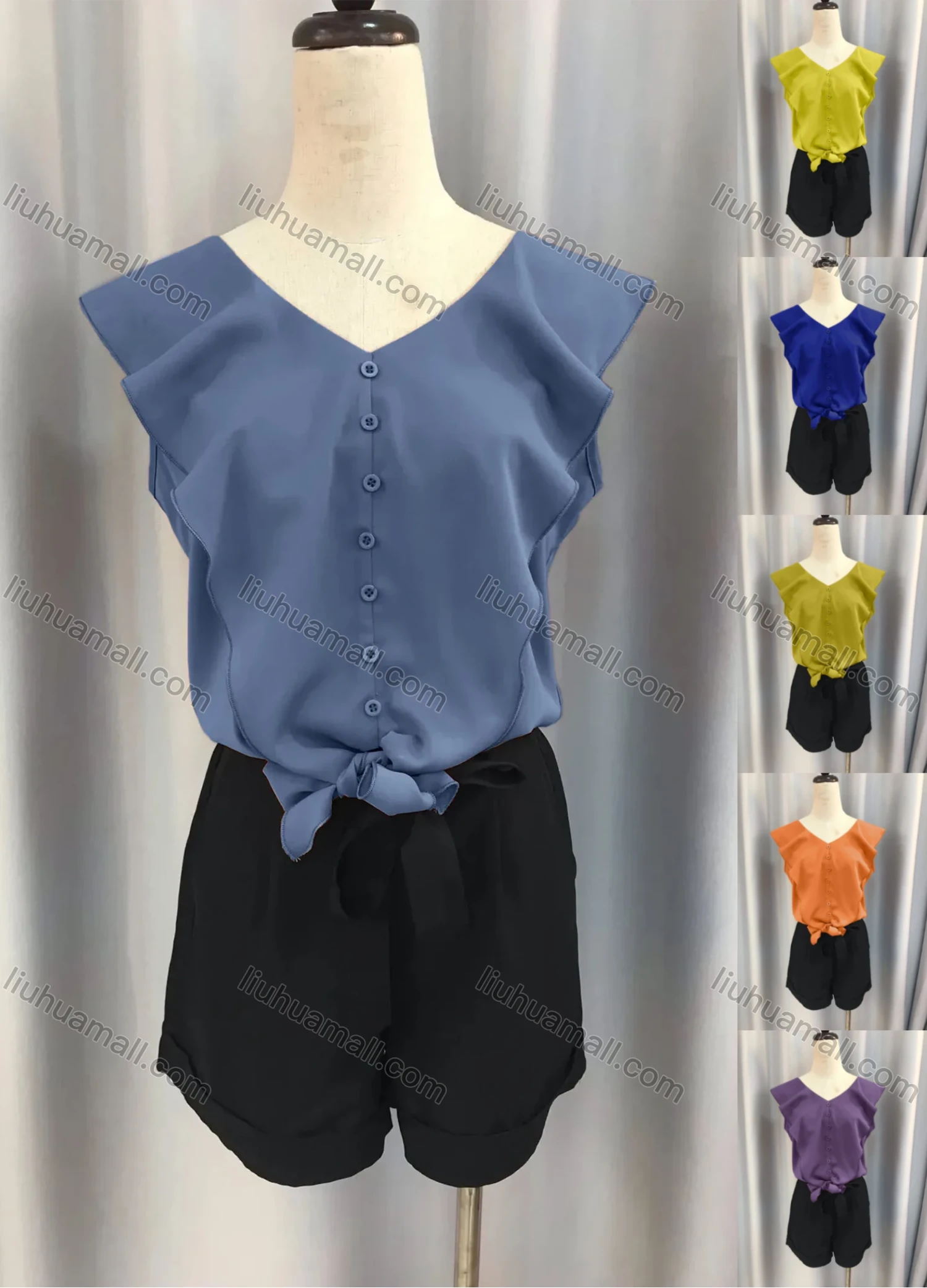 Wholesale Women's Plain Button Down Flounce Sleeve Tie Front Blouse & Tie Front Shorts Set 8020# - Liuhuamall