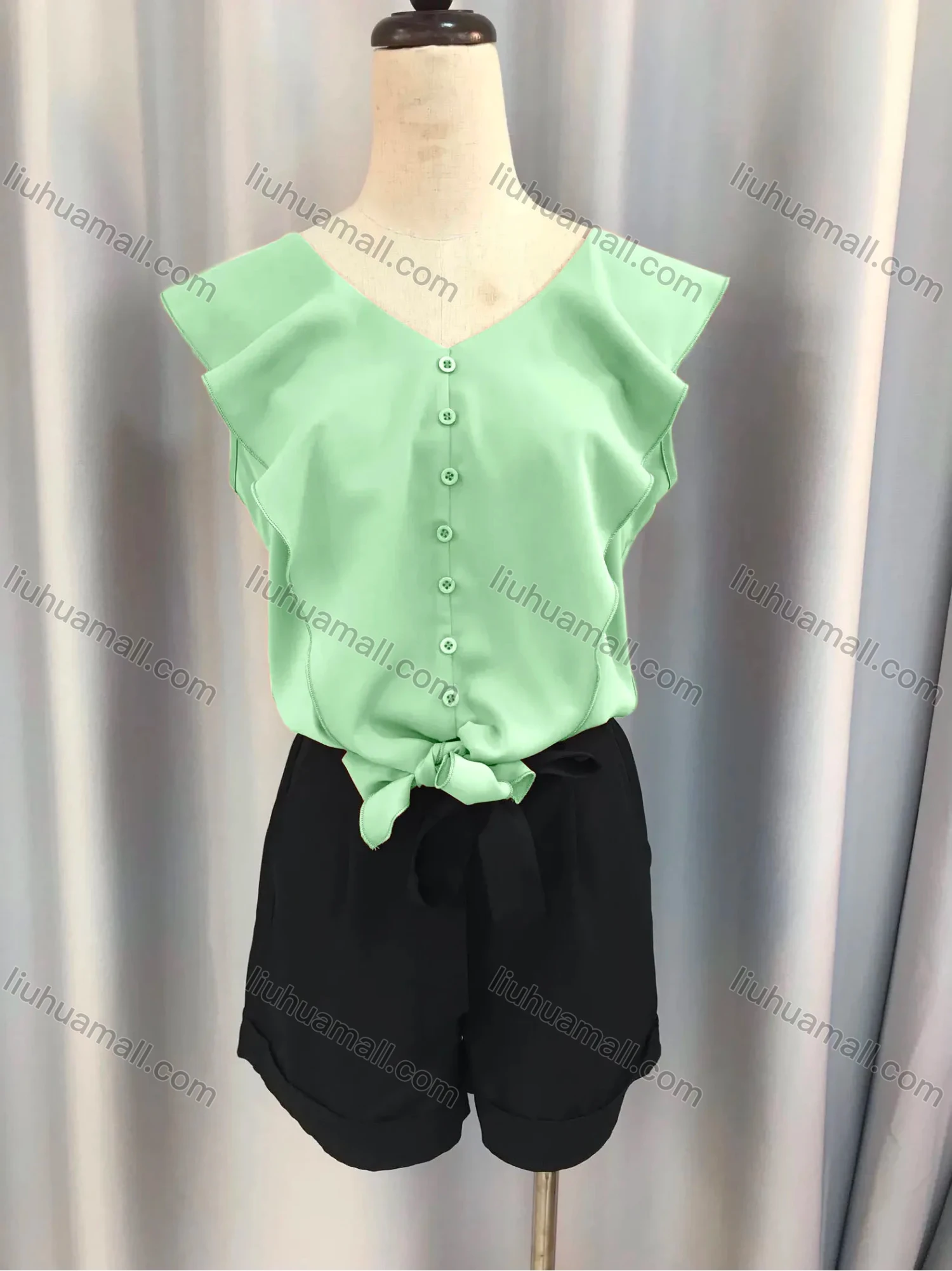 Wholesale Women's Plain Button Down Flounce Sleeve Tie Front Blouse & Tie Front Shorts Set 8020# - Liuhuamall