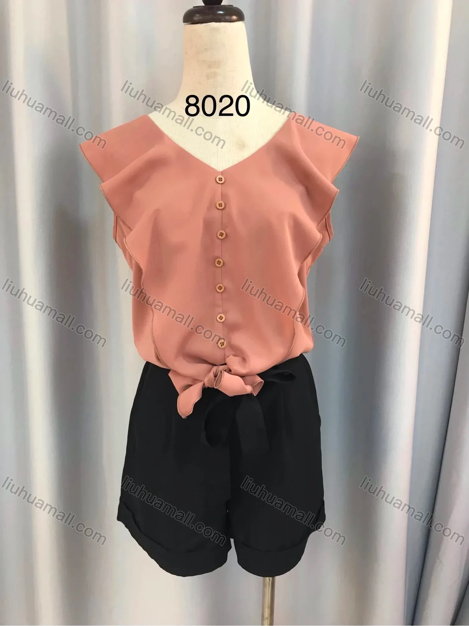 Wholesale Women's Plain Button Down Flounce Sleeve Tie Front Blouse & Tie Front Shorts Set 8020# - Liuhuamall