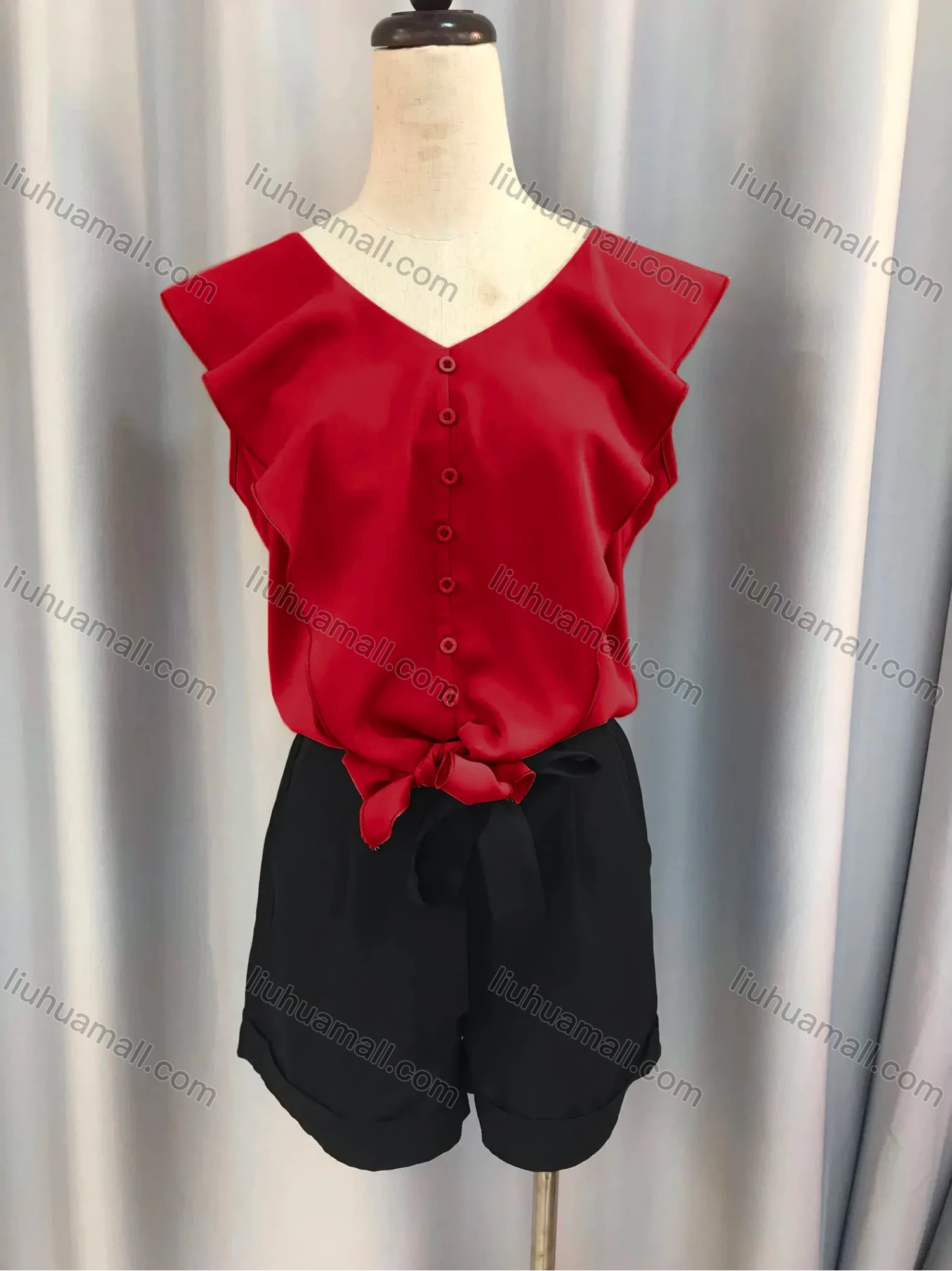 Wholesale Women's Plain Button Down Flounce Sleeve Tie Front Blouse & Tie Front Shorts Set 8020# - Liuhuamall