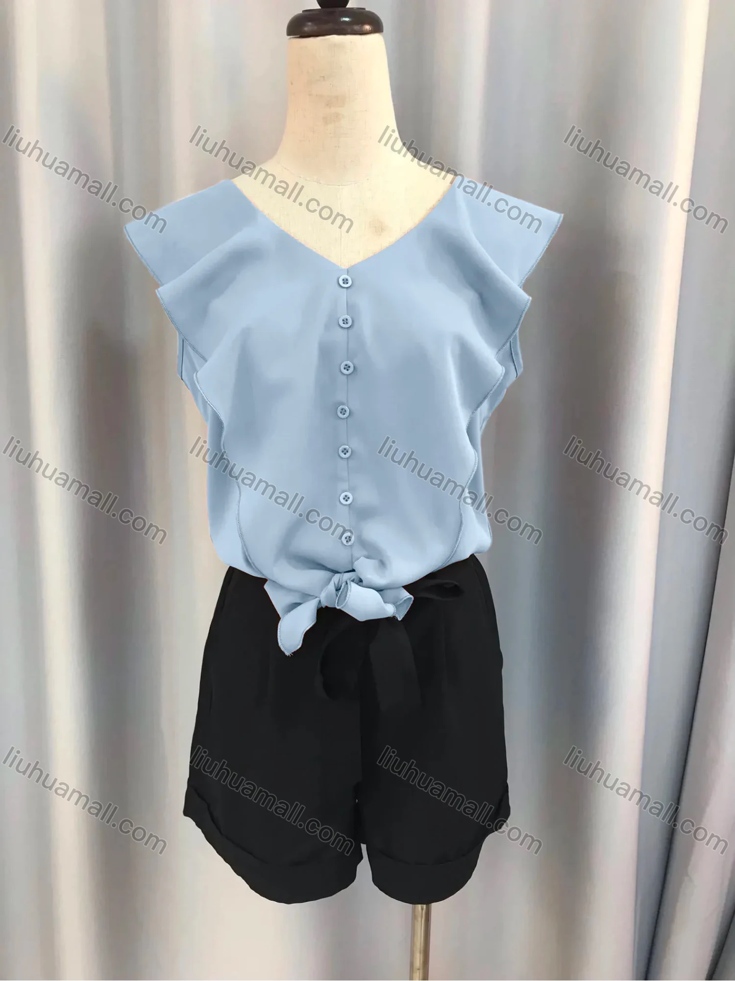 Wholesale Women's Plain Button Down Flounce Sleeve Tie Front Blouse & Tie Front Shorts Set 8020# - Liuhuamall