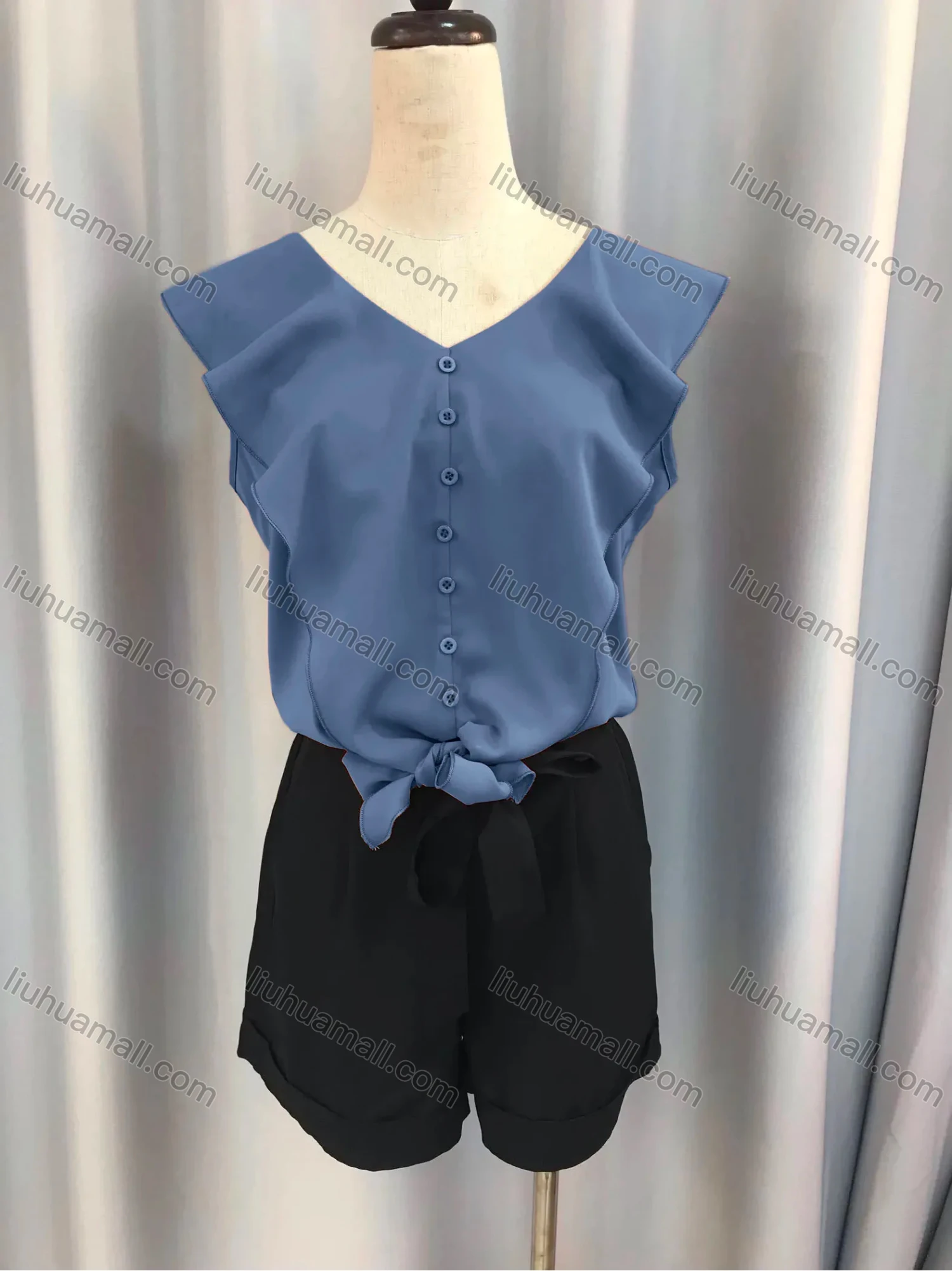 Wholesale Women's Plain Button Down Flounce Sleeve Tie Front Blouse & Tie Front Shorts Set 8020# - Liuhuamall