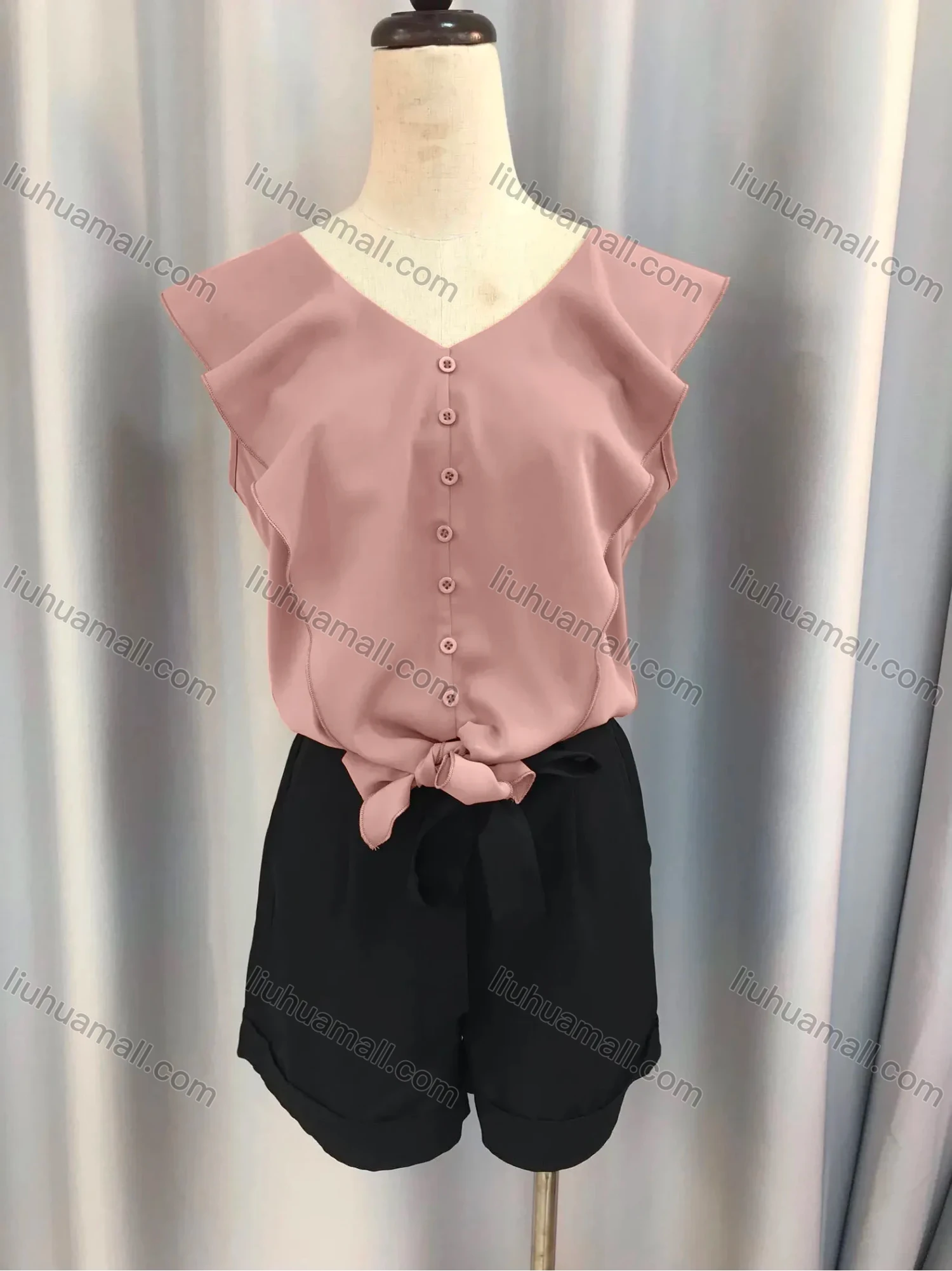 Wholesale Women's Plain Button Down Flounce Sleeve Tie Front Blouse & Tie Front Shorts Set 8020# - Liuhuamall