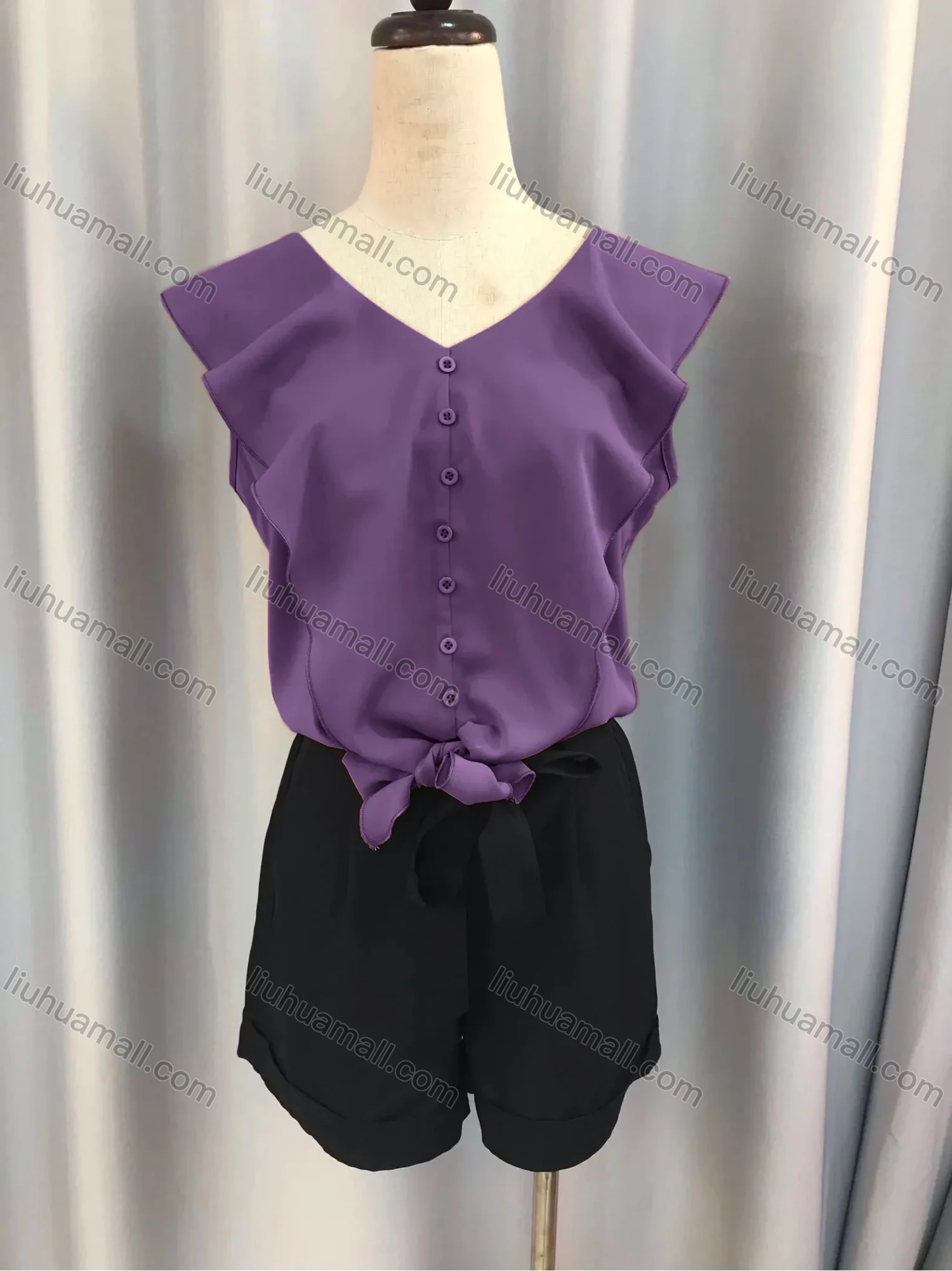 Wholesale Women's Plain Button Down Flounce Sleeve Tie Front Blouse & Tie Front Shorts Set 8020# - Liuhuamall