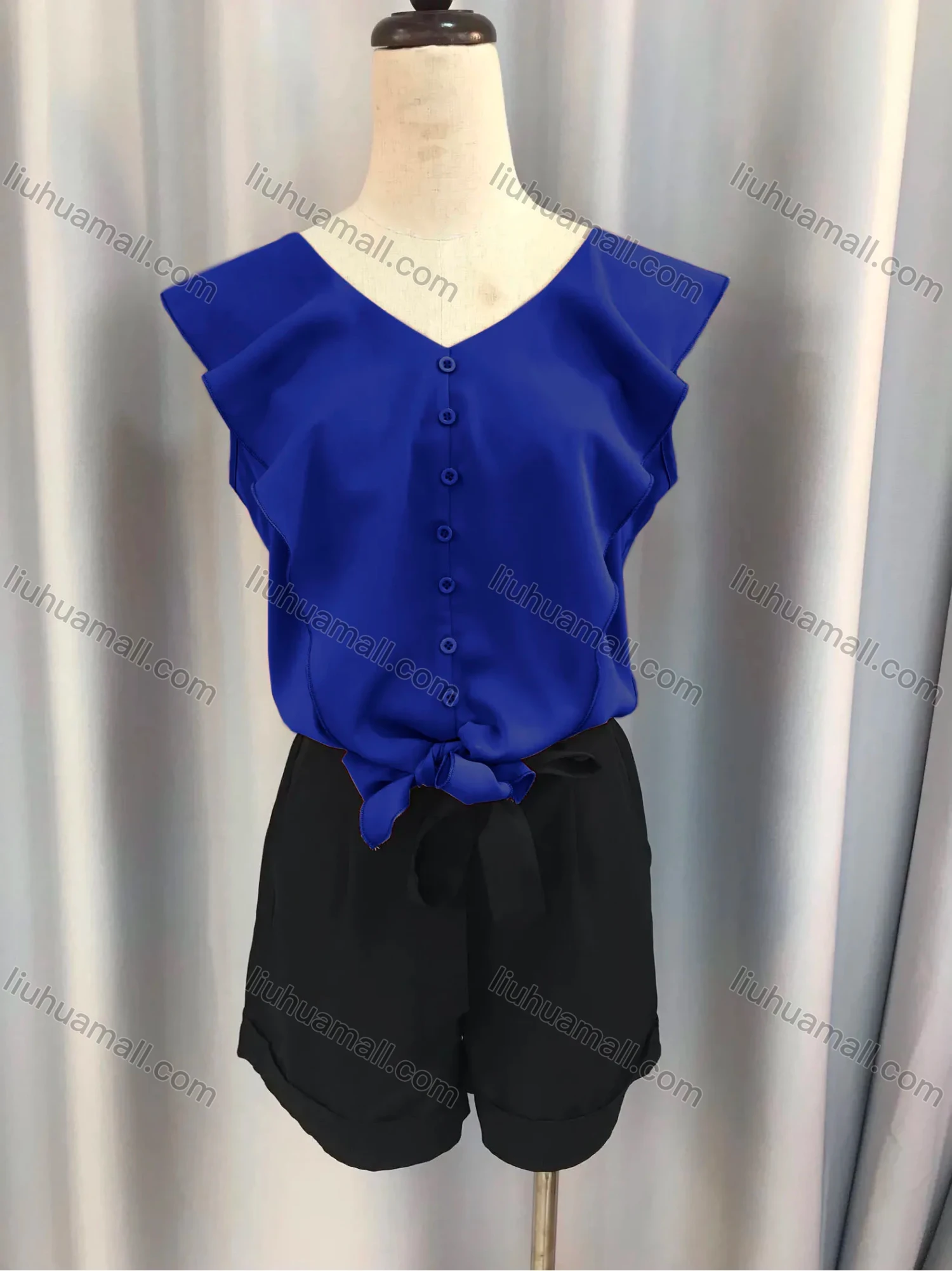 Wholesale Women's Plain Button Down Flounce Sleeve Tie Front Blouse & Tie Front Shorts Set 8020# - Liuhuamall
