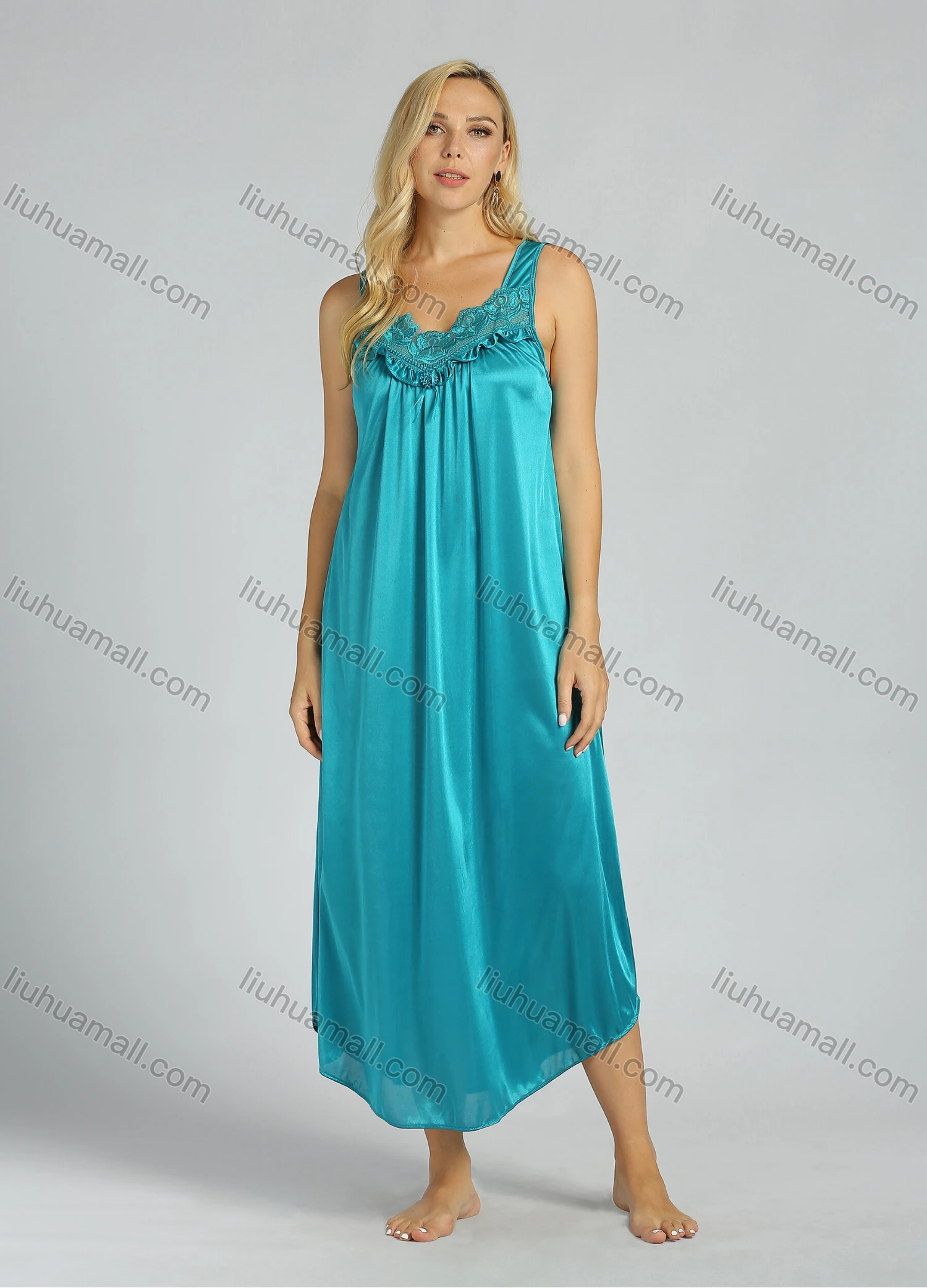Wholesale Women's Sleeveless Lace Satin Solid Color Pleated Sleepwear - Liuhuamall