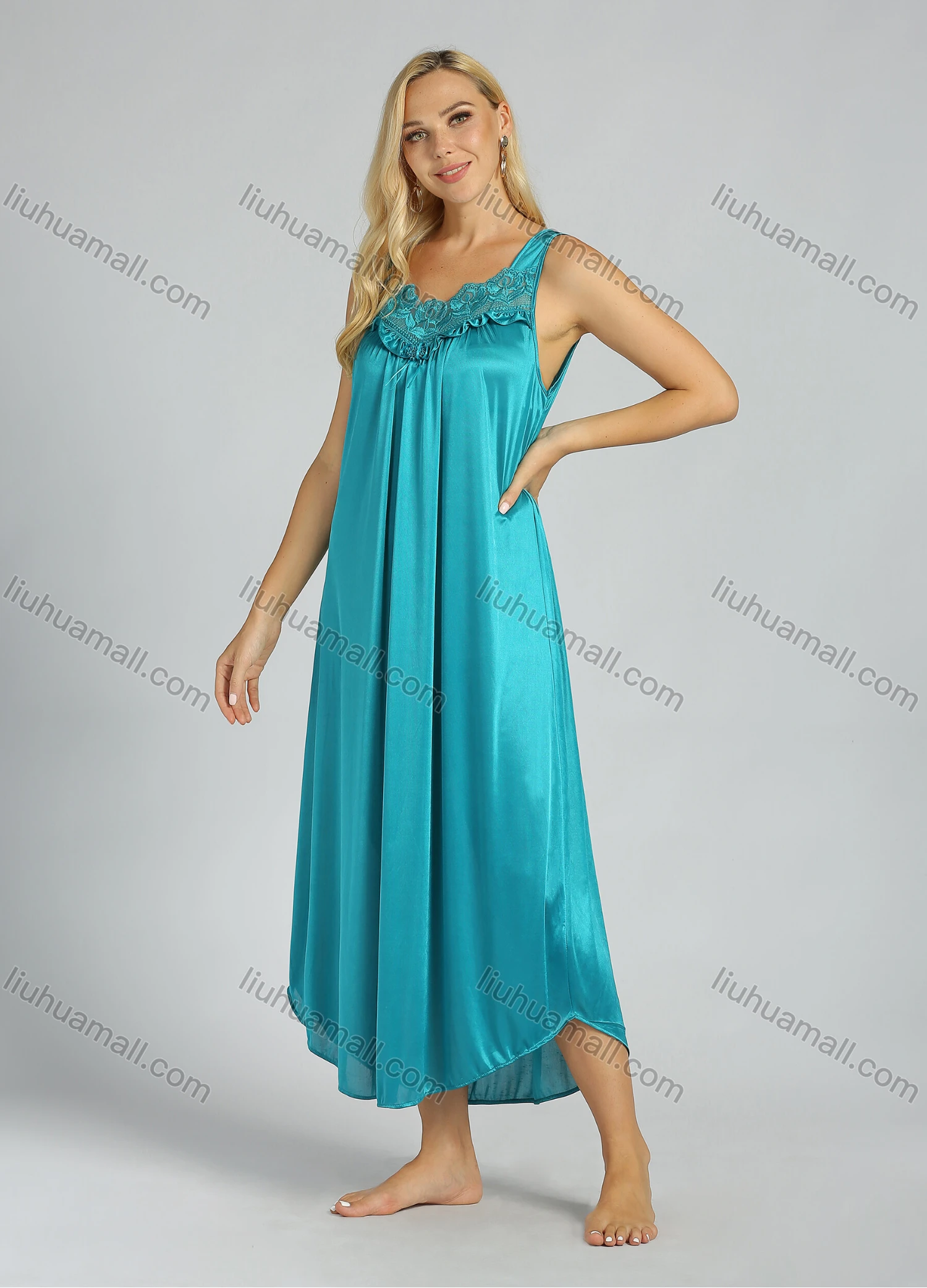 Wholesale Women's Sleeveless Lace Satin Solid Color Pleated Sleepwear - Liuhuamall