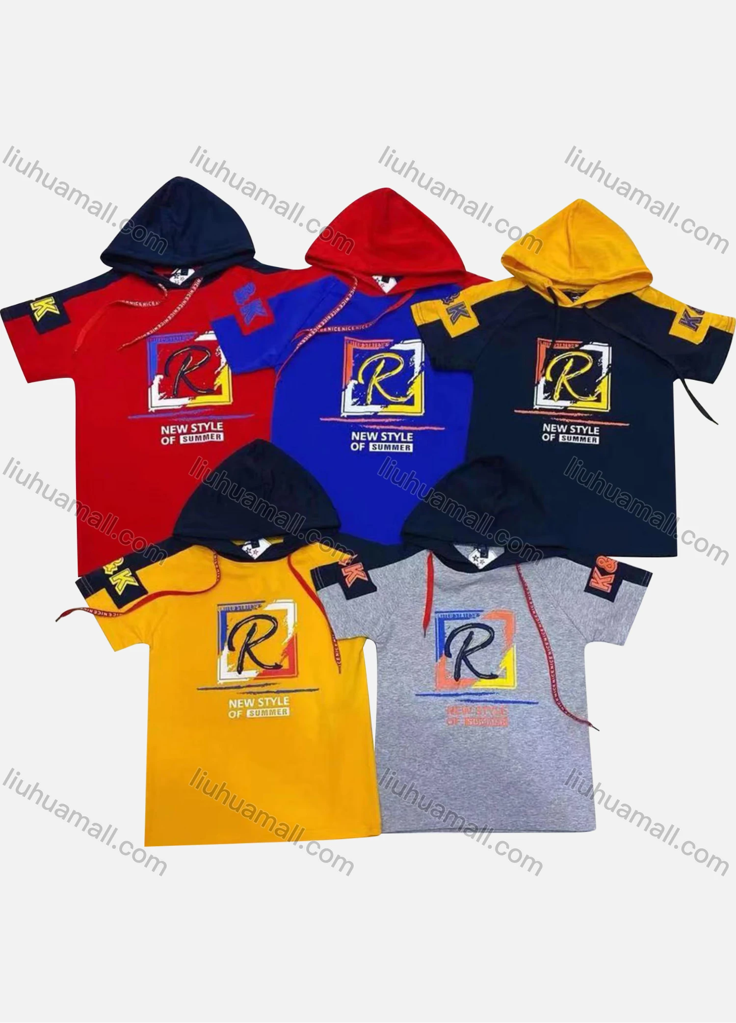 Wholesale Boys 100% Cotton Colorblock Letter Graphic Short Sleeve Drawstring Hoodie - Liuhuamall