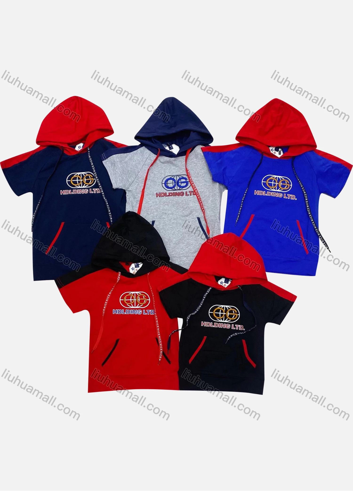 Wholesale Boys 100% Cotton Colorblock Letter Embroidered Short Sleeve Drawstring Hoodie - Liuhuamall