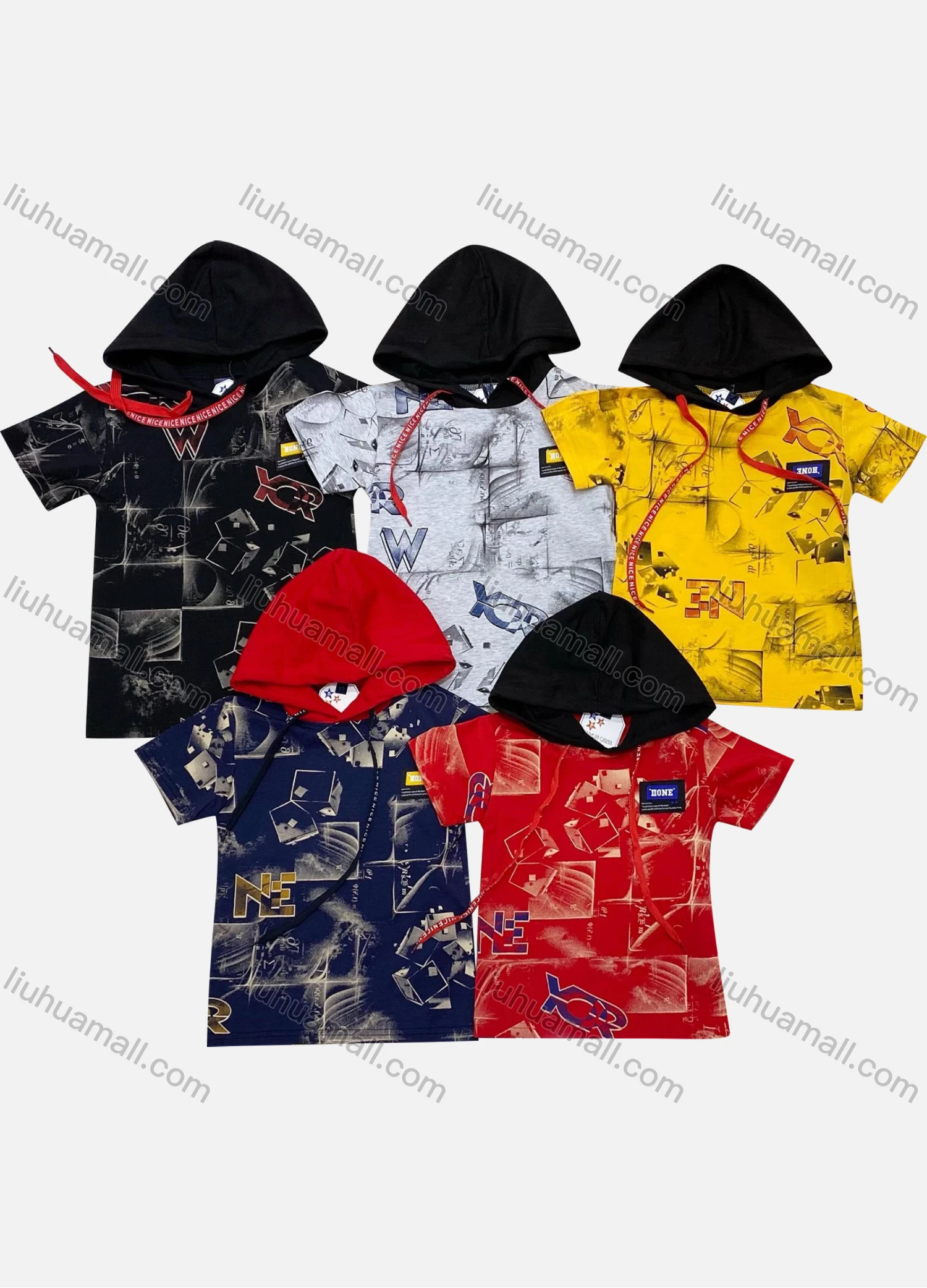 Wholesale Boys 100% Cotton Allover Print Hood Short Sleeve T-Shirt - Liuhuamall