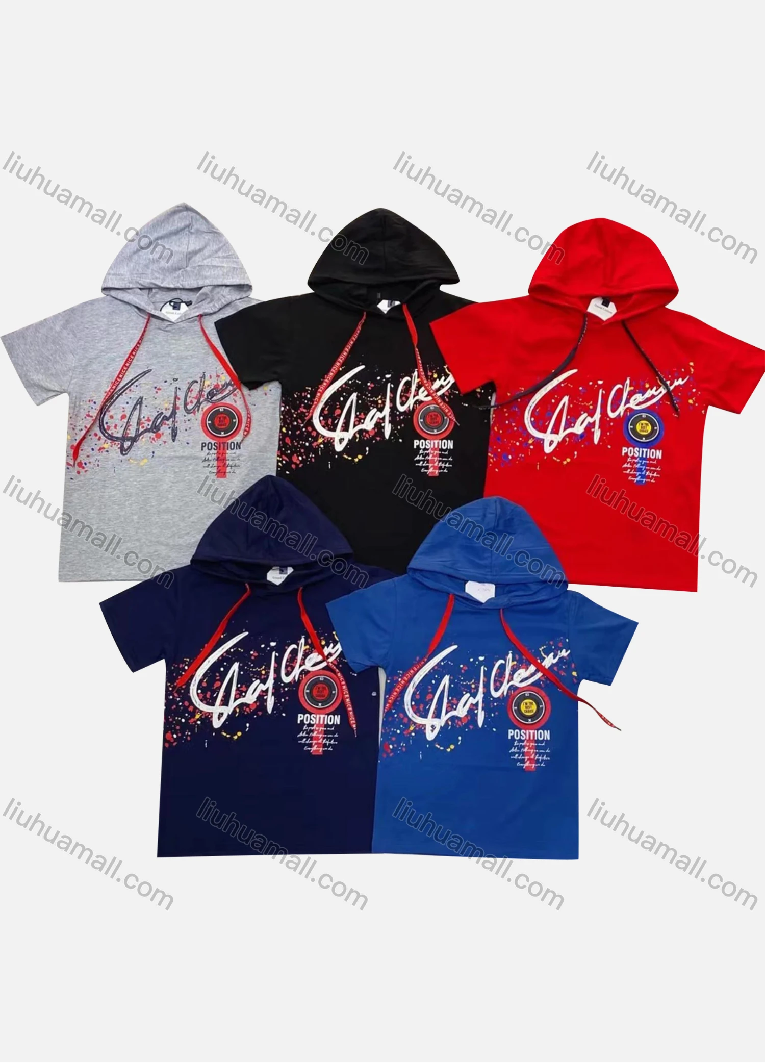 Wholesale Boys 100% Cotton Colorblock Letter Graphic Hood Drawstring Short Sleeve T-Shirt - Liuhuamall