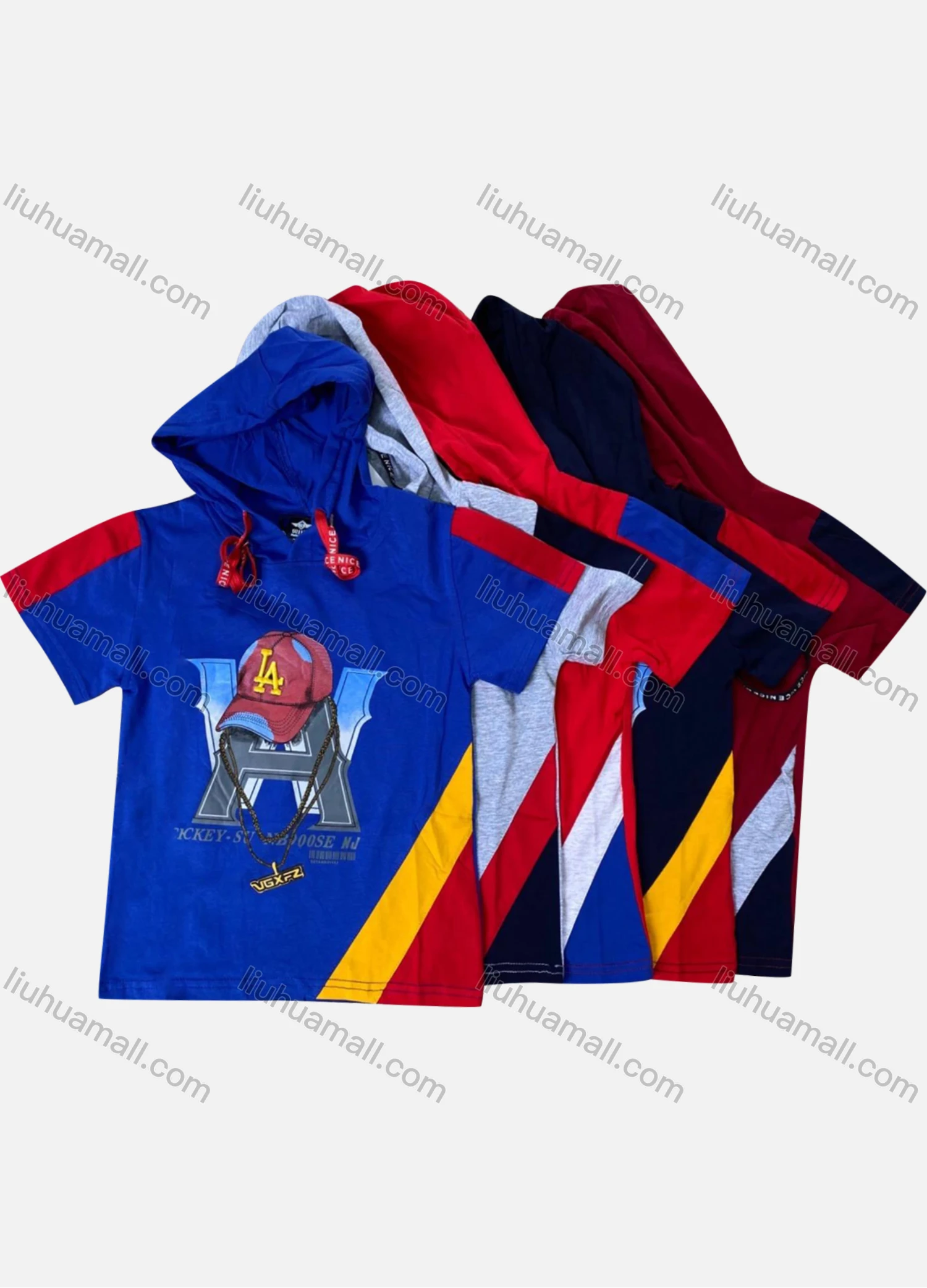 Wholesale Boys 100% Cotton Cartoon Letter Graphic Hooded Drawstring Short Sleeve T-Shirt - Liuhuamall
