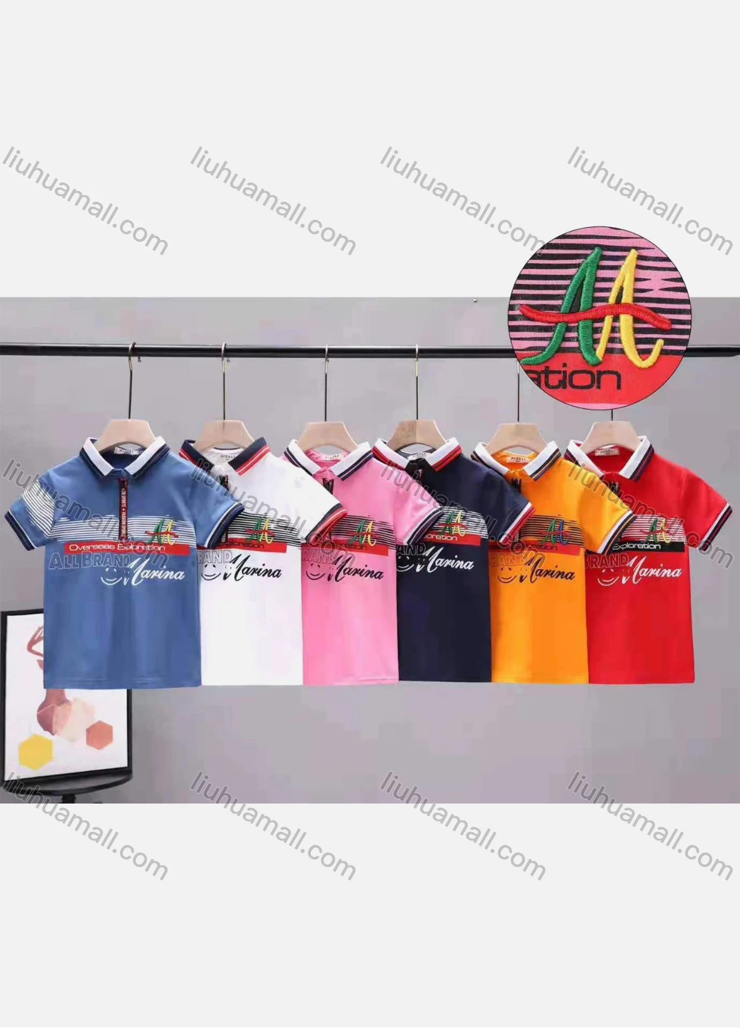 Wholesale Boys Short Sleeve Striped Embroidery Letter Graphic Quarter Zip Polo Shirt 8829# - Liuhuamall