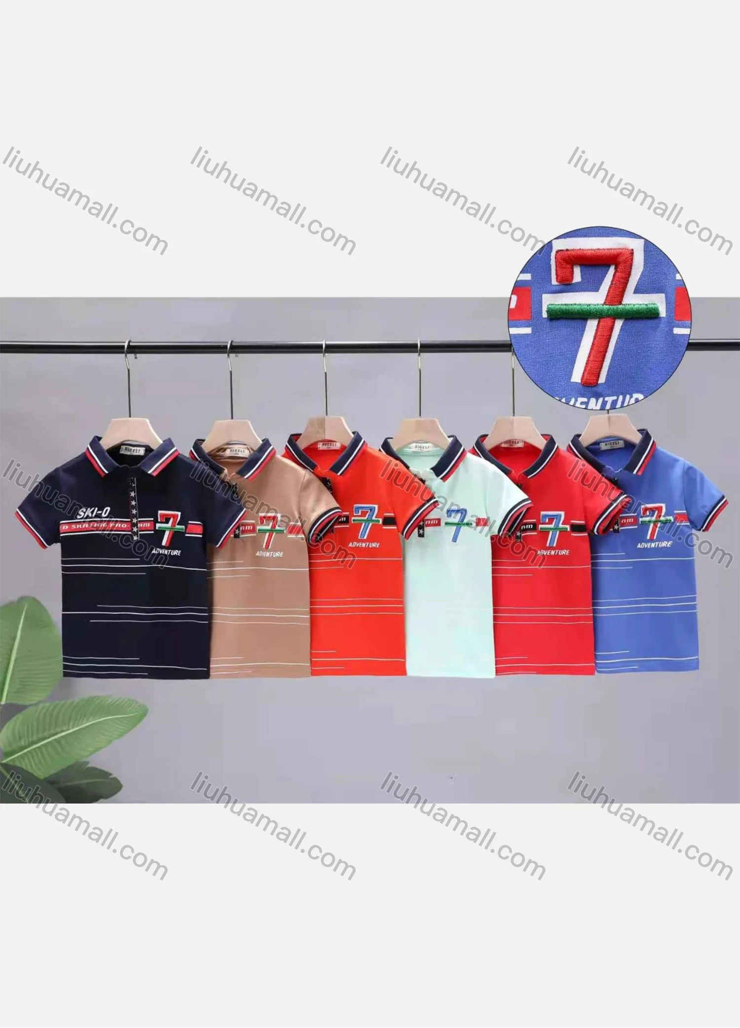 Wholesale Boys Short Sleeve Striped Embroidery Letter Graphic Quarter Zip Polo Shirt 8818# - Liuhuamall