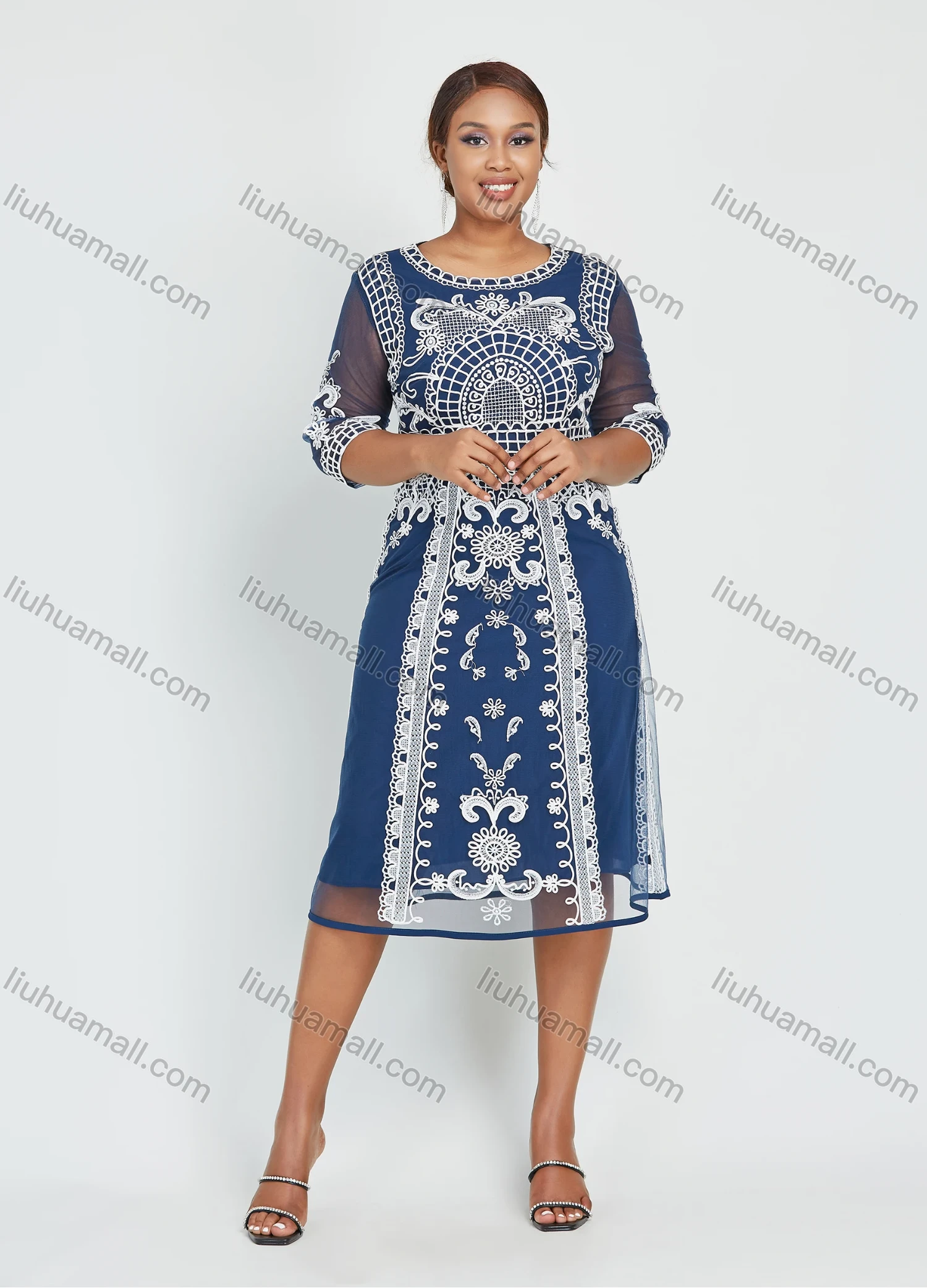 Wholesale Women's Elegant Plus Size Half Sleeve Round Neck Mesh Floral Embroidery Party Cocktail Dress - Liuhuamall