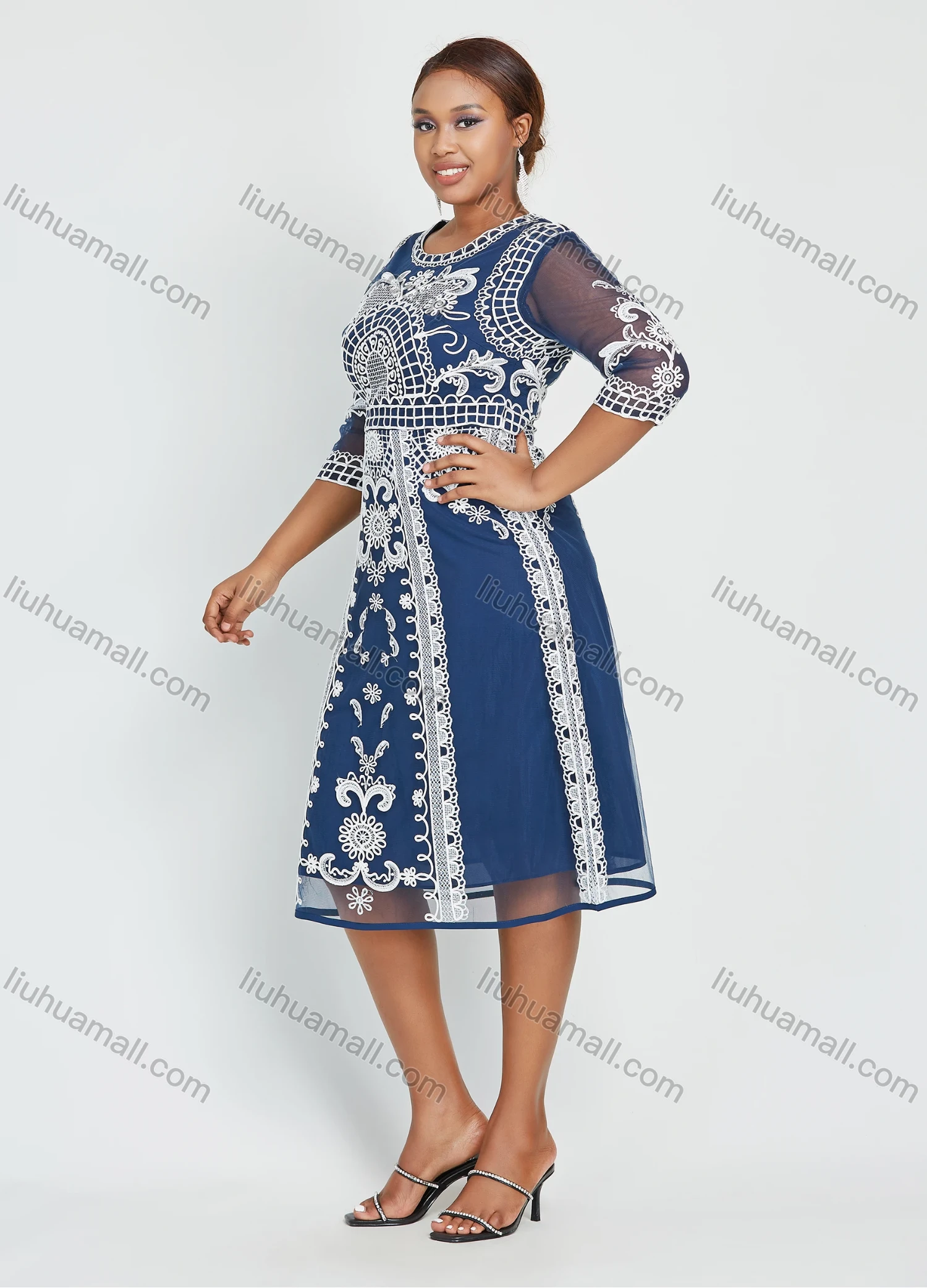 Wholesale Women's Elegant Plus Size Half Sleeve Round Neck Mesh Floral Embroidery Party Cocktail Dress - Liuhuamall