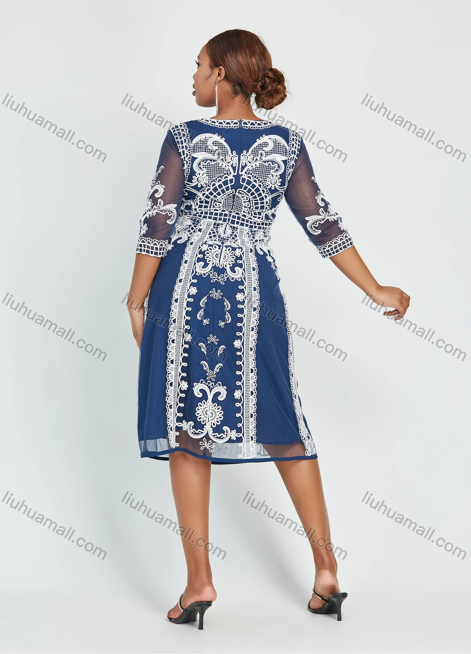 Wholesale Women's Elegant Plus Size Half Sleeve Round Neck Mesh Floral Embroidery Party Cocktail Dress - Liuhuamall