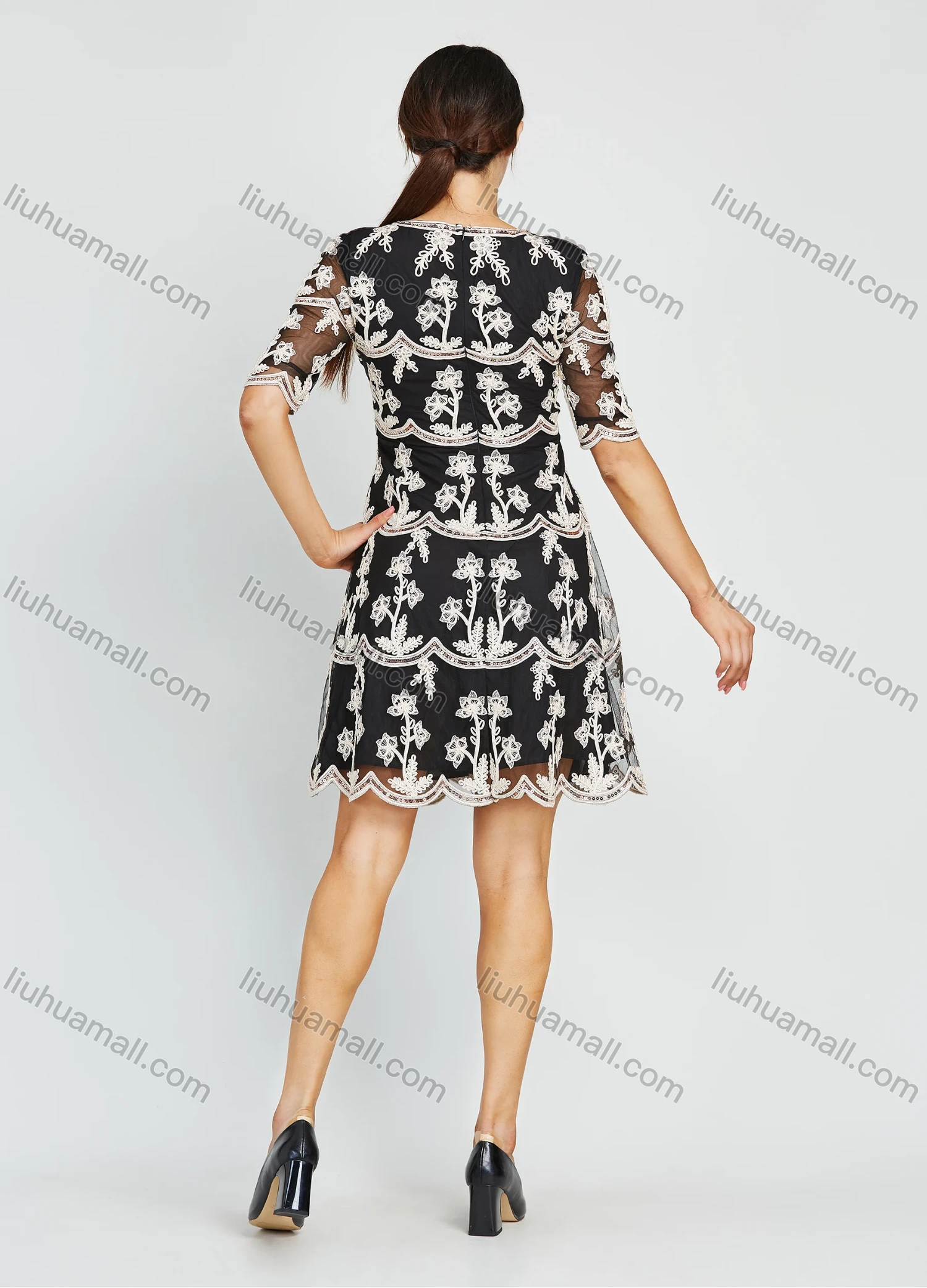 Wholesale Women's Elegant Short Sleeve Floral Embroidery Scalloped Hem Sequin Mesh Short Cocktail Party Dress - Liuhuamall