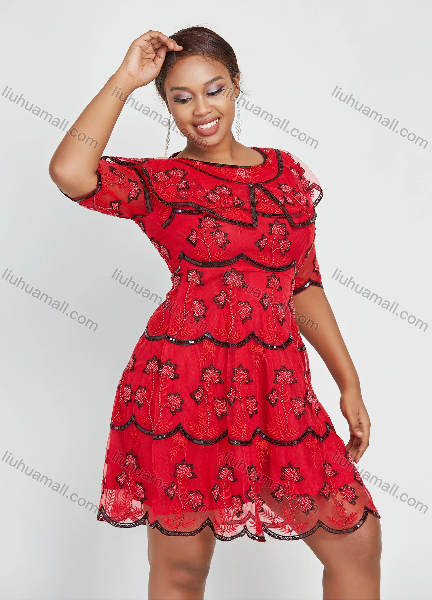 Wholesale Women's Plus Size Half Sleeve Maple Leaf Beaded Embroidery Mesh Back Zipper Short Cocktail Party Dress - Liuhuamall