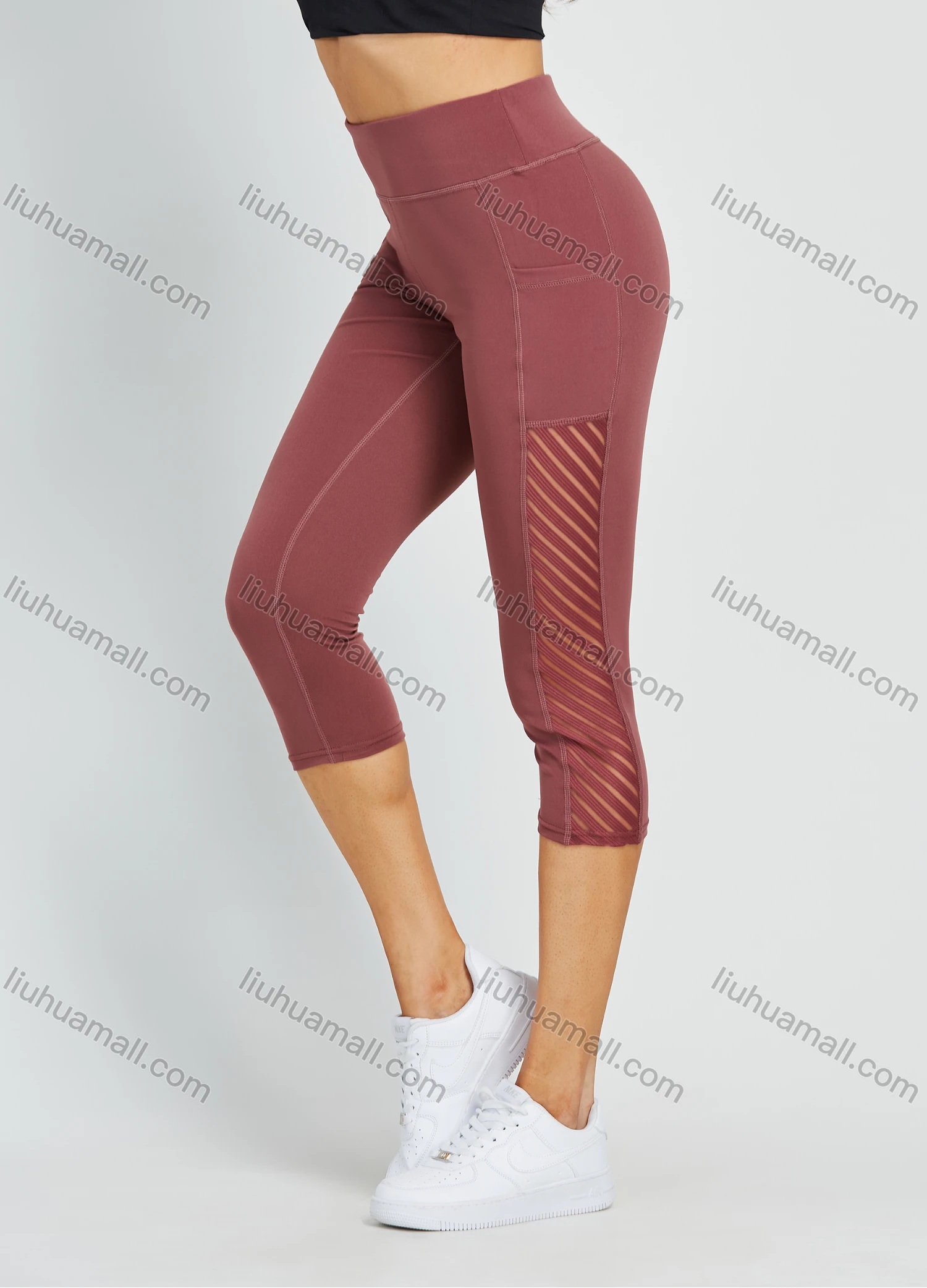 Wholesale Women's High Waist Yoga Pants With Pockets Tummy Control Mesh Splicing Plain Workout Running Yoga Legging - Liuhuamall