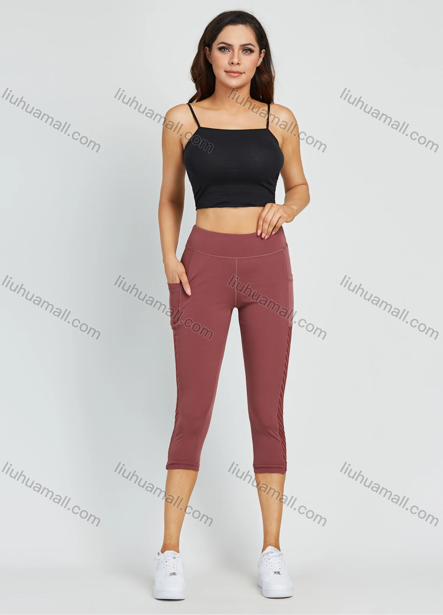 Wholesale Women's High Waist Yoga Pants With Pockets Tummy Control Mesh Splicing Plain Workout Running Yoga Legging - Liuhuamall
