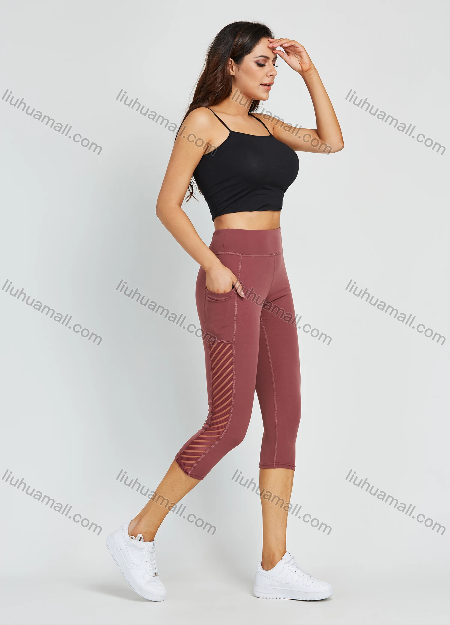 Wholesale Women's High Waist Yoga Pants With Pockets Tummy Control Mesh Splicing Plain Workout Running Yoga Legging - Liuhuamall