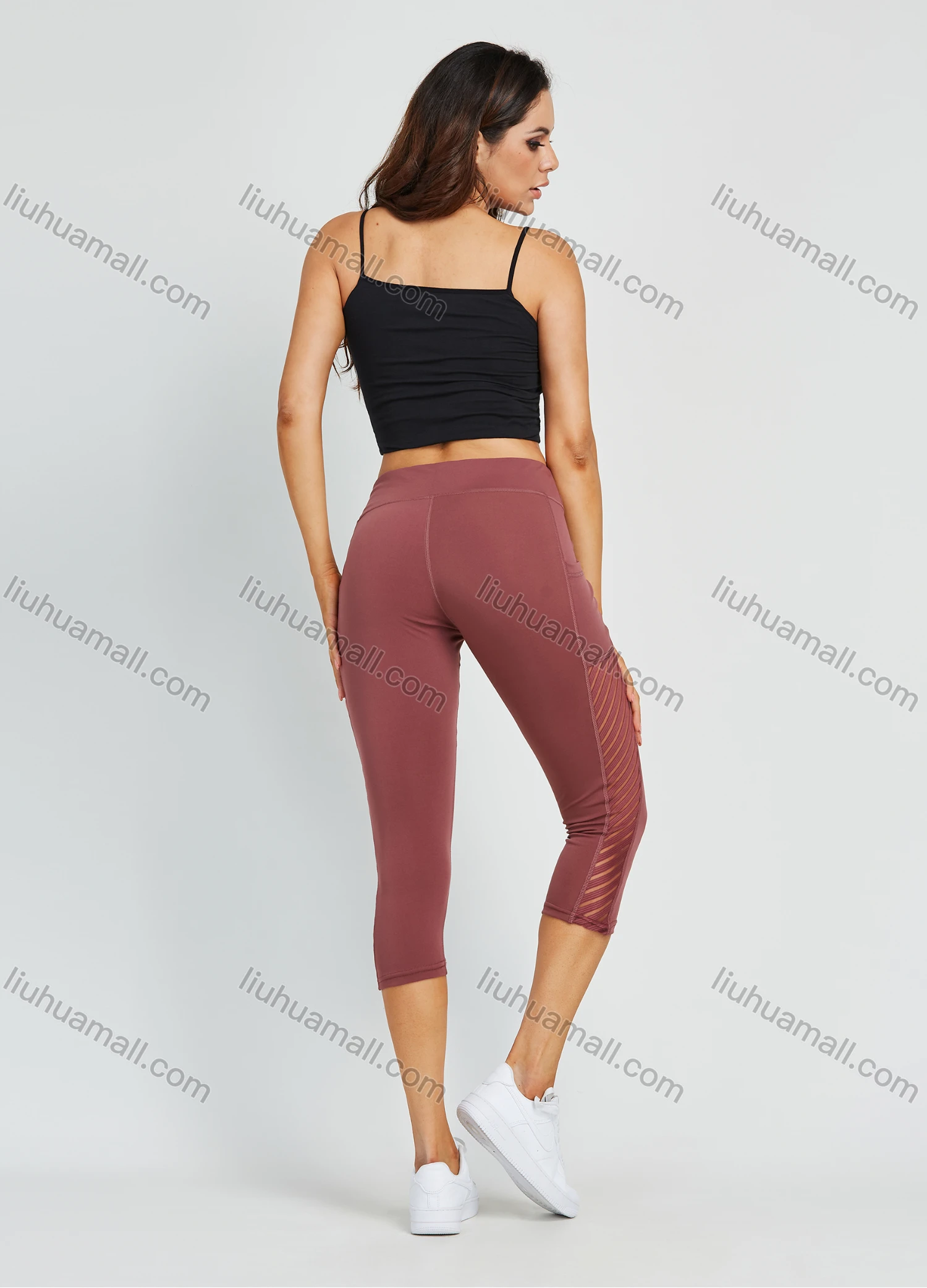 Wholesale Women's High Waist Yoga Pants With Pockets Tummy Control Mesh Splicing Plain Workout Running Yoga Legging - Liuhuamall