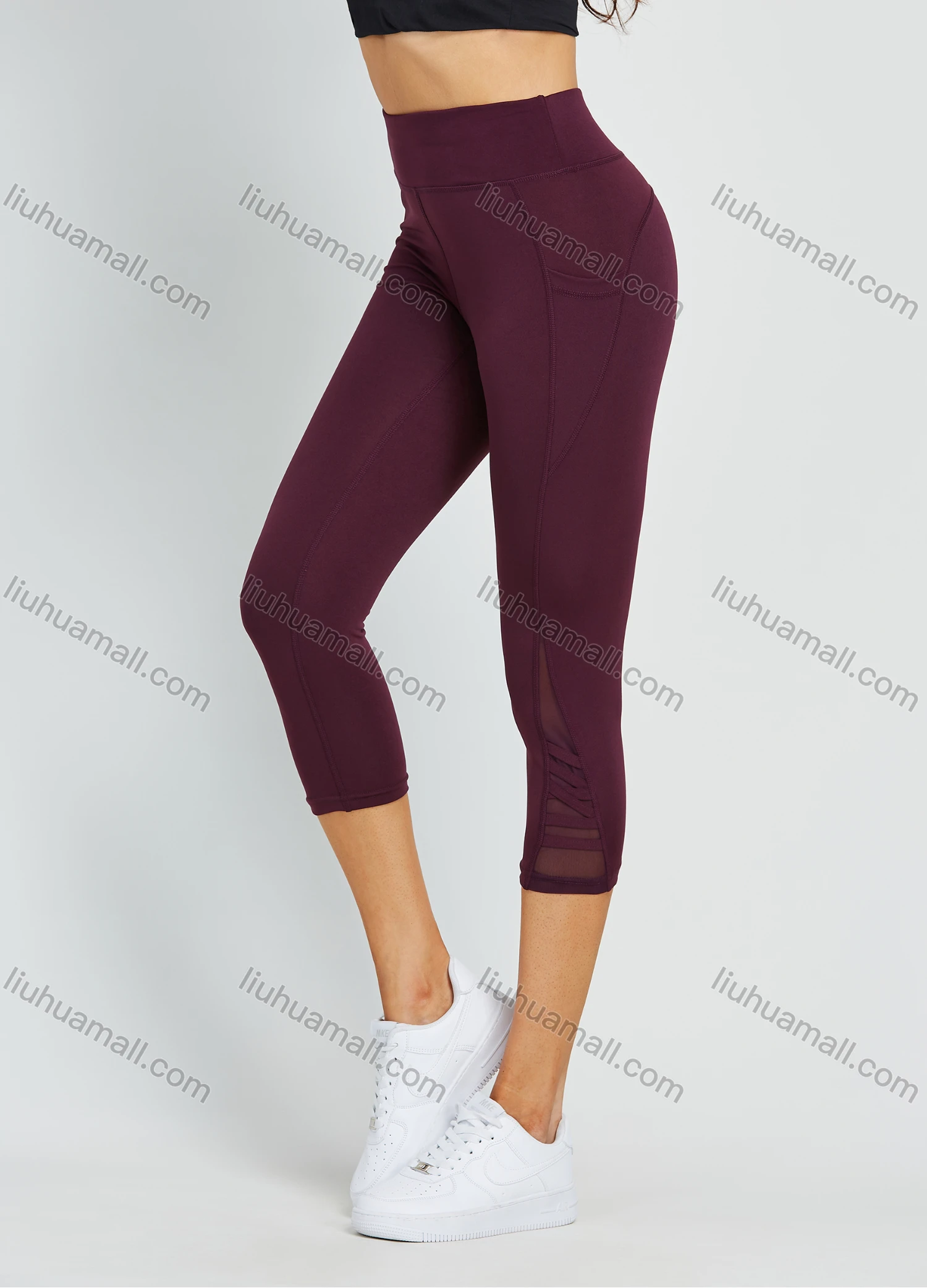 Wholesale Women's High Waist Yoga Pants With Pockets Tummy Control Mesh Splicing Plain Workout Running Yoga Legging - Liuhuamall