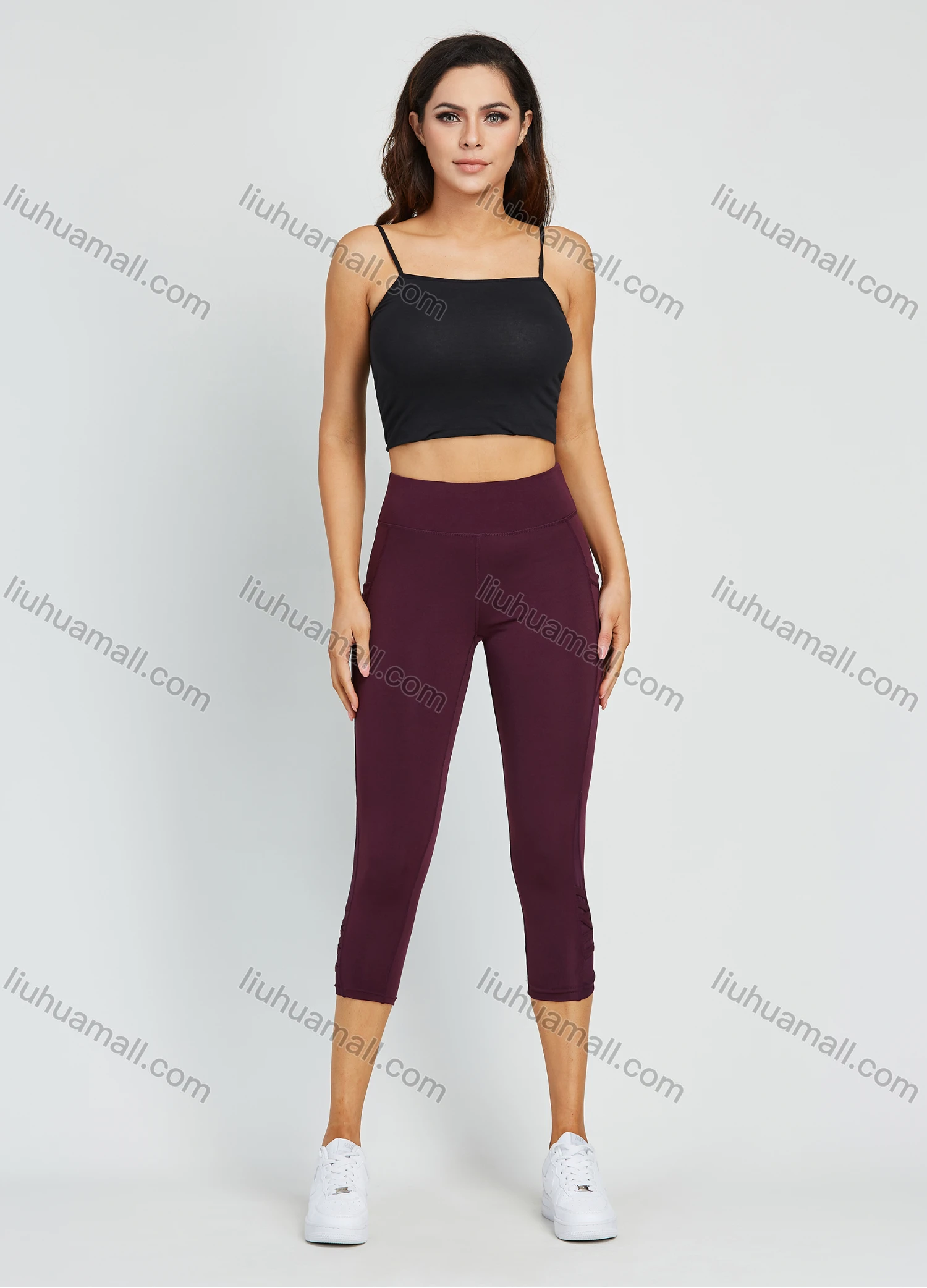 Wholesale Women's High Waist Yoga Pants With Pockets Tummy Control Mesh Splicing Plain Workout Running Yoga Legging - Liuhuamall