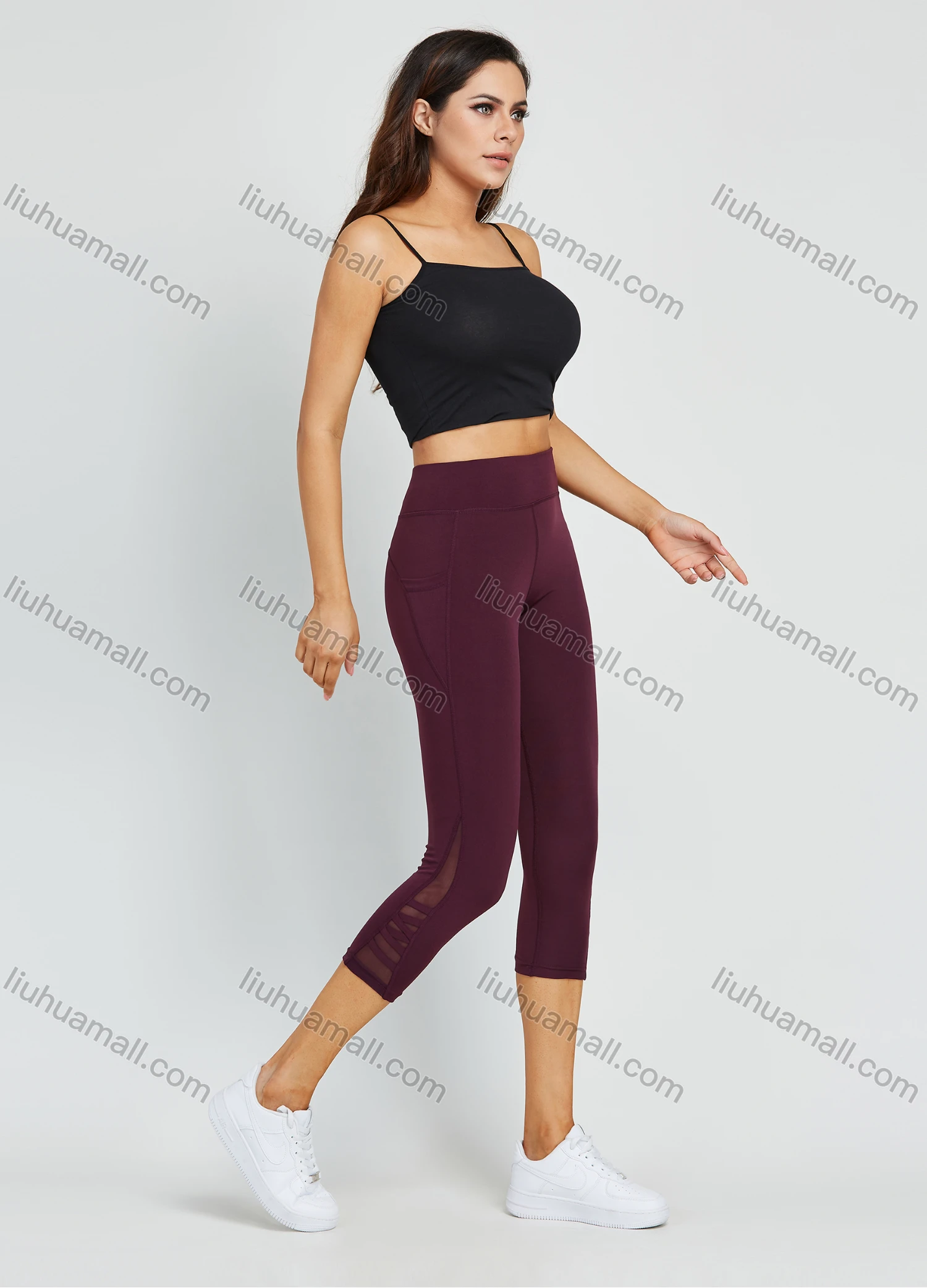 Wholesale Women's High Waist Yoga Pants With Pockets Tummy Control Mesh Splicing Plain Workout Running Yoga Legging - Liuhuamall