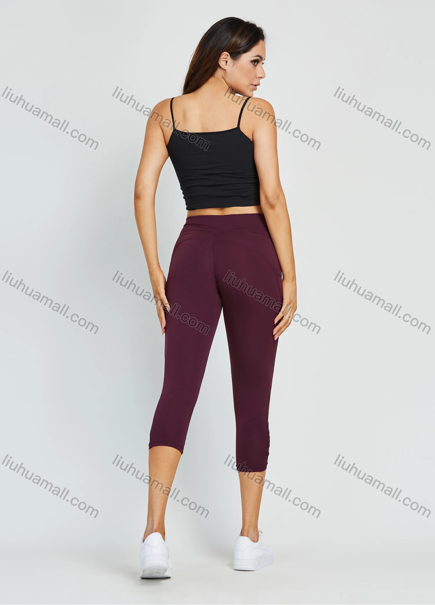 Wholesale Women's High Waist Yoga Pants With Pockets Tummy Control Mesh Splicing Plain Workout Running Yoga Legging - Liuhuamall