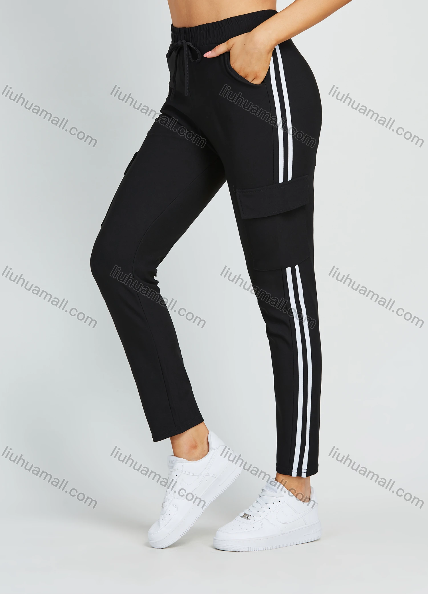 Wholesale Women's Athletic High Waist Striped Workout Running SweatPants With Flap Pockets - Liuhuamall