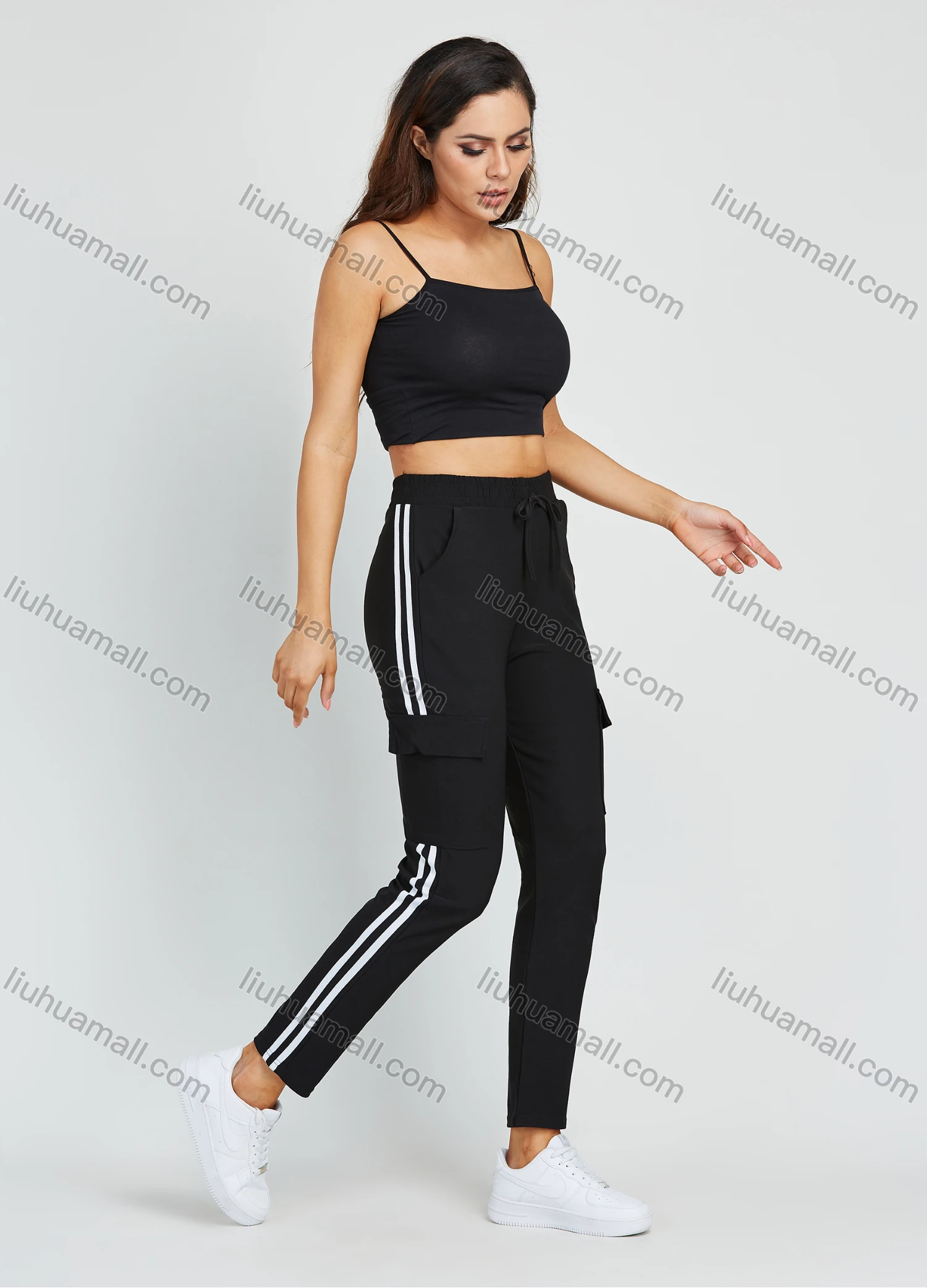 Wholesale Women's Athletic High Waist Striped Workout Running SweatPants With Flap Pockets - Liuhuamall