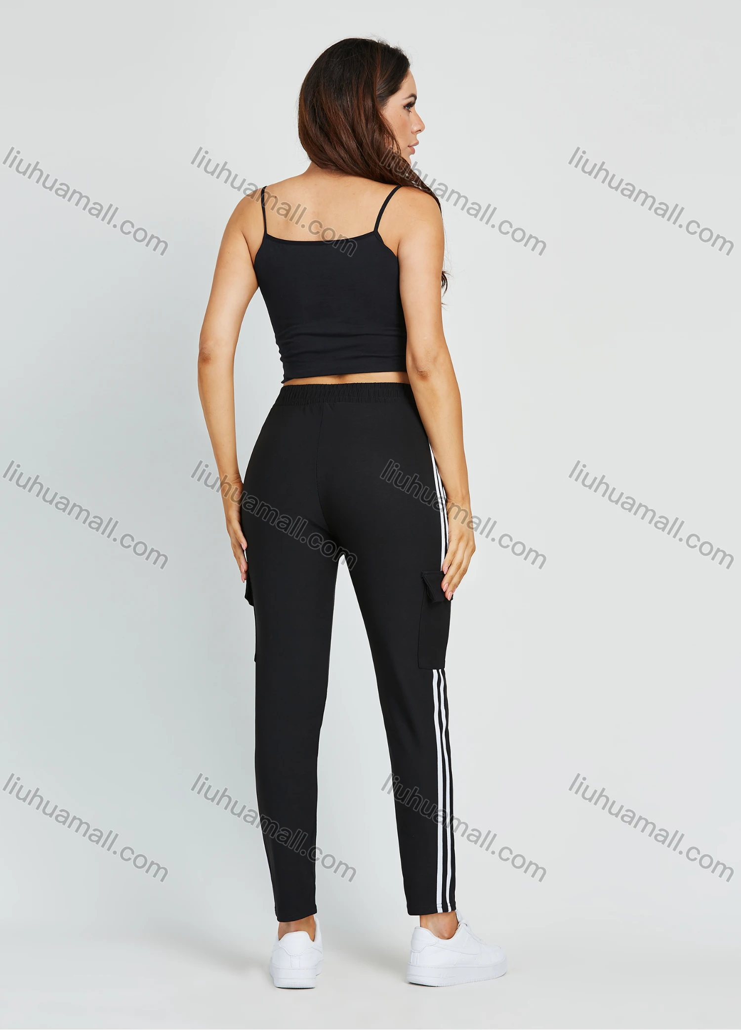 Wholesale Women's Athletic High Waist Striped Workout Running SweatPants With Flap Pockets - Liuhuamall