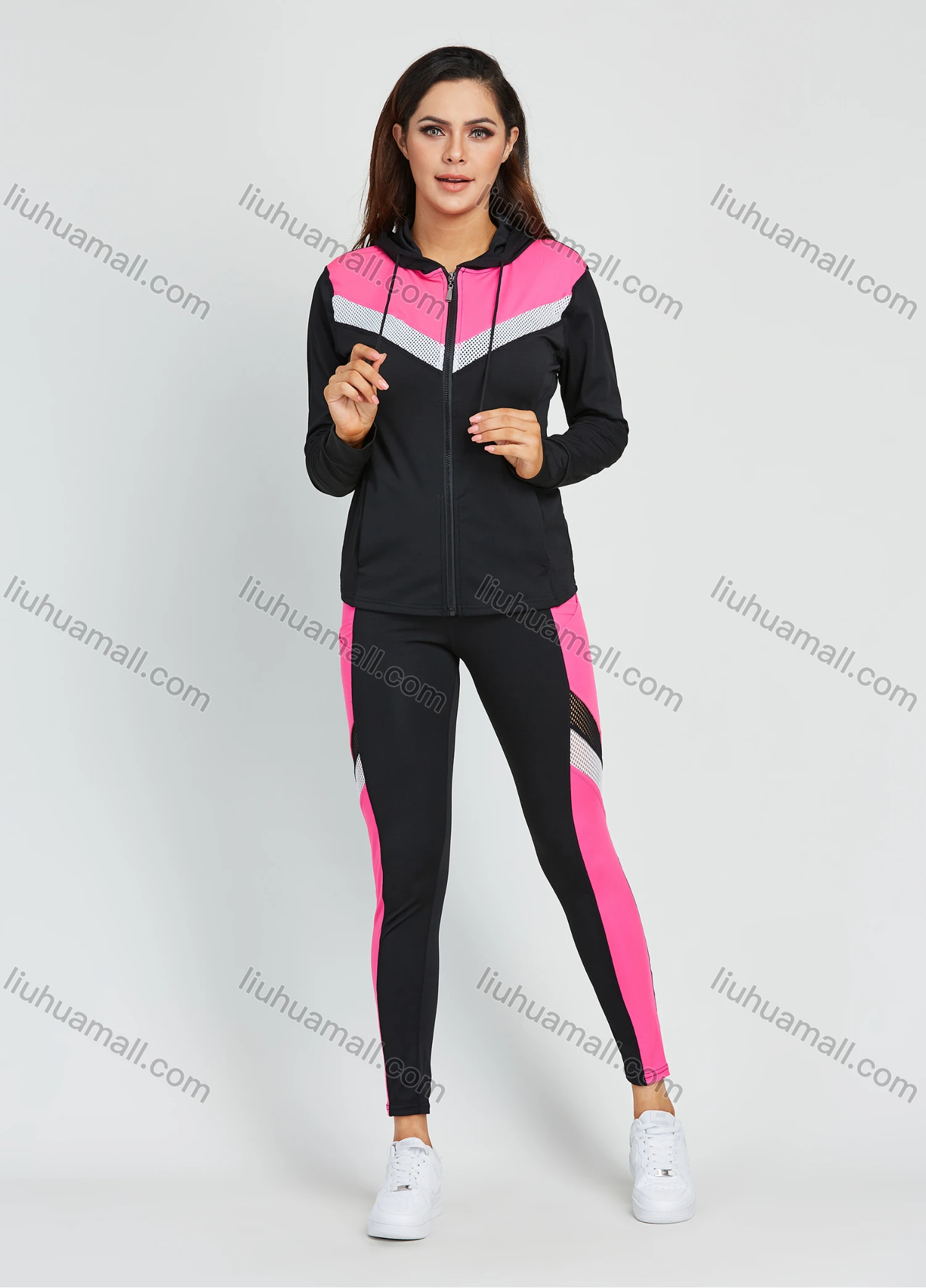 Wholesale Women's Athletic Colorblock Hood Zipper Jacket Workout 3 Piece Set - Liuhuamall