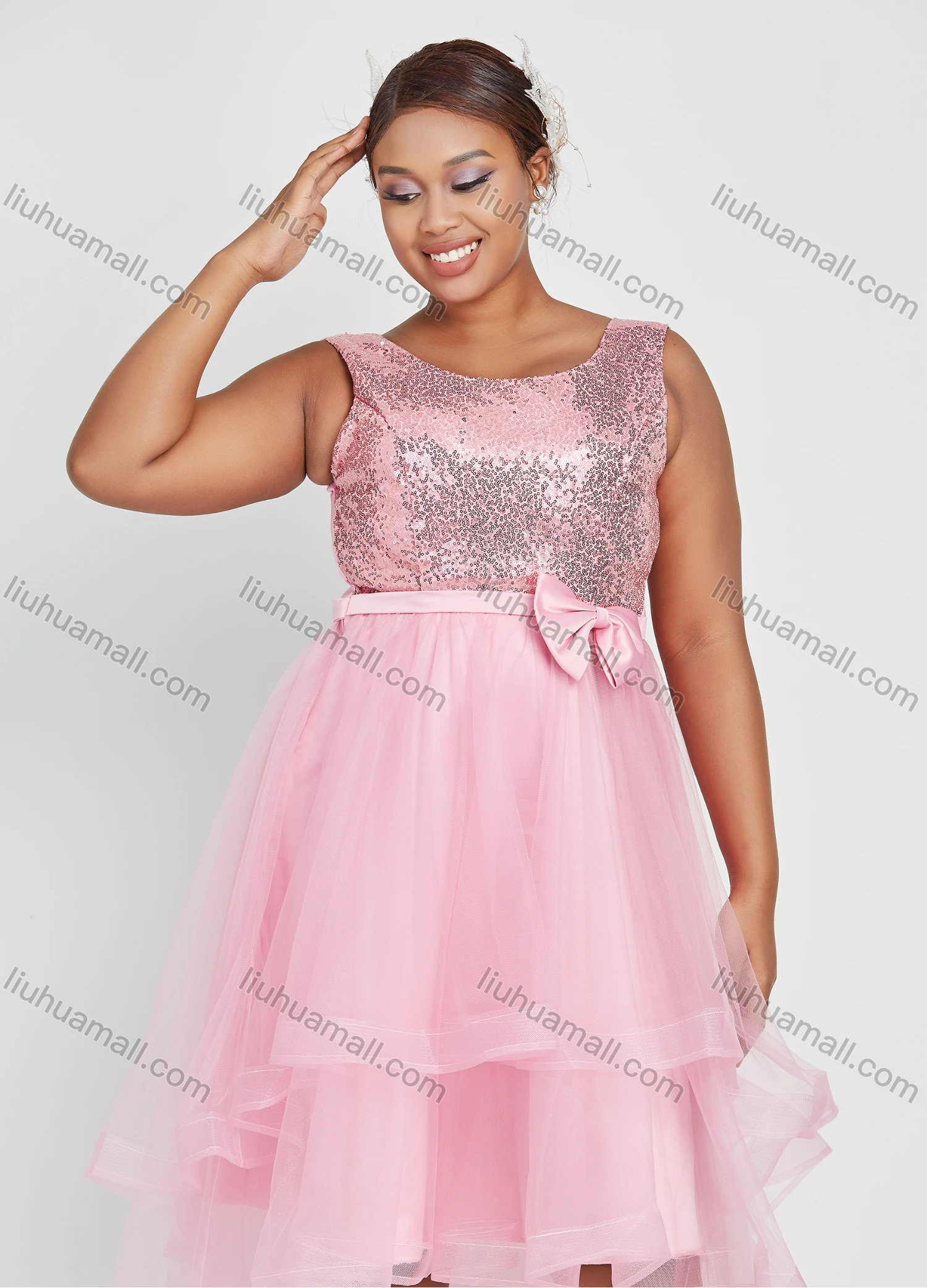 Wholesale Women's Elegant Sleeveless Tie Back High Low Hem Sequin Lace Cocktail Party Dress - Liuhuamall