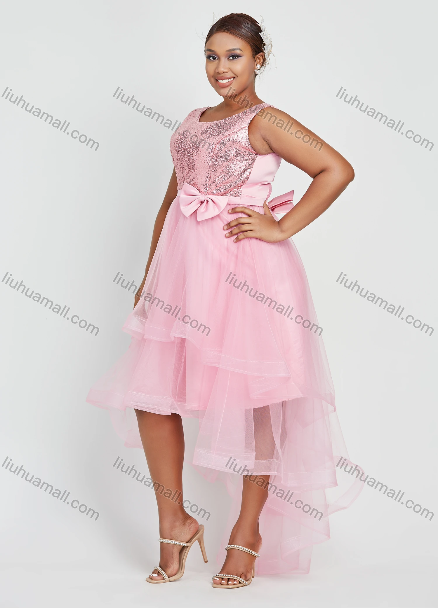 Wholesale Women's Elegant Sleeveless Tie Back High Low Hem Sequin Lace Cocktail Party Dress - Liuhuamall