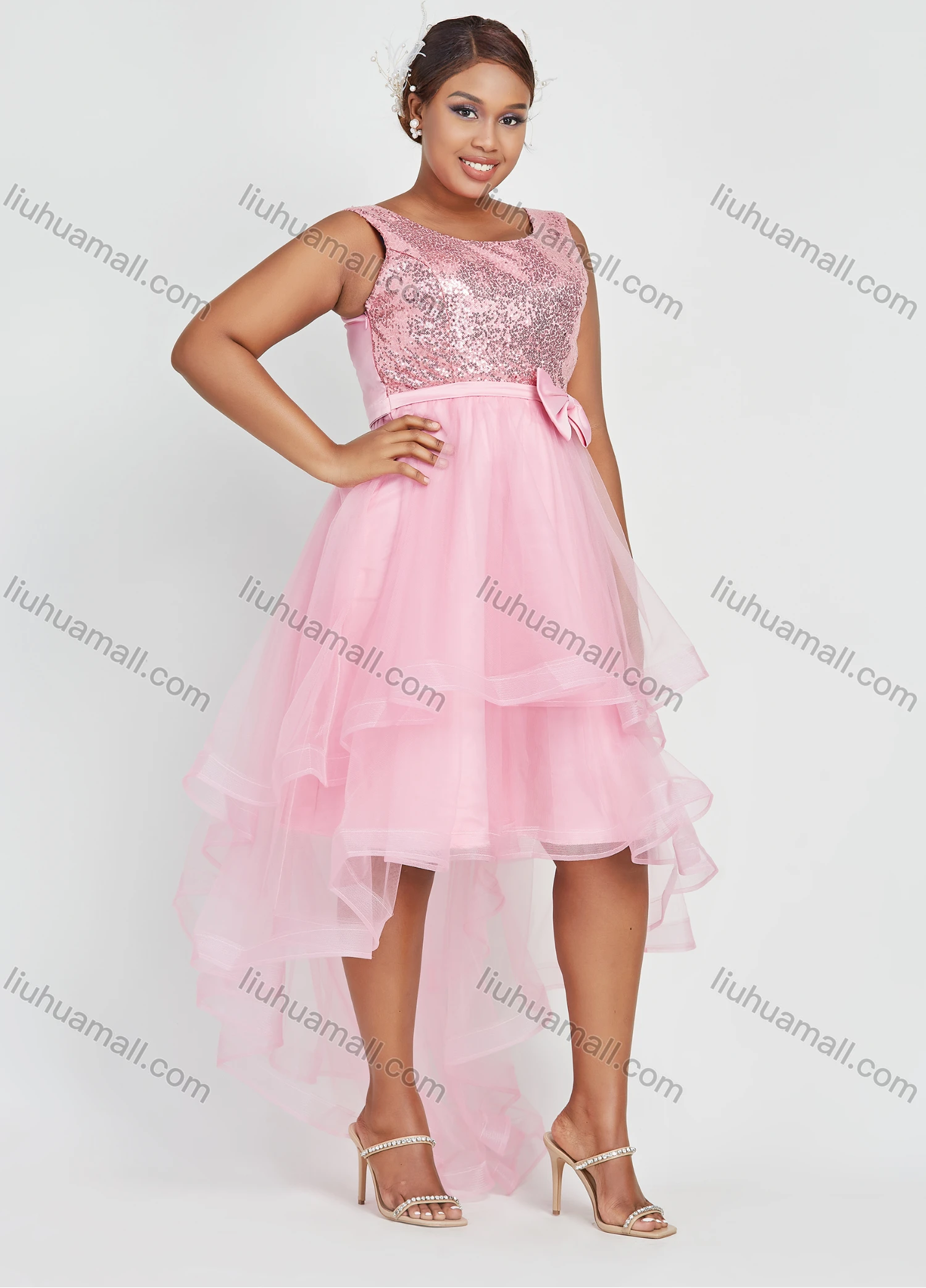 Wholesale Women's Elegant Sleeveless Tie Back High Low Hem Sequin Lace Cocktail Party Dress - Liuhuamall