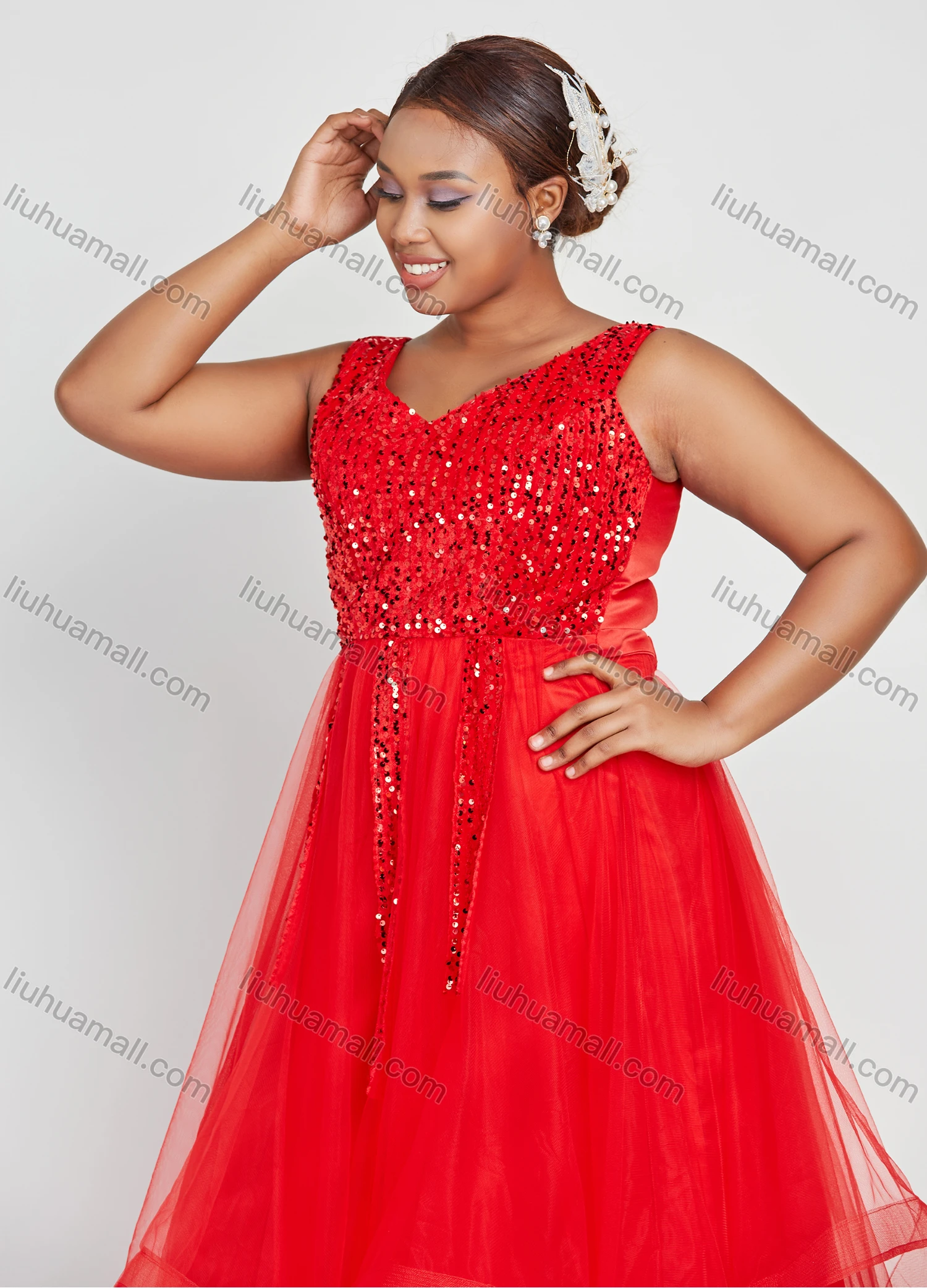 Wholesale Women's Elegant Sleeveless Plain V Neck Sequin Lace Maxi Evening Dress - Liuhuamall