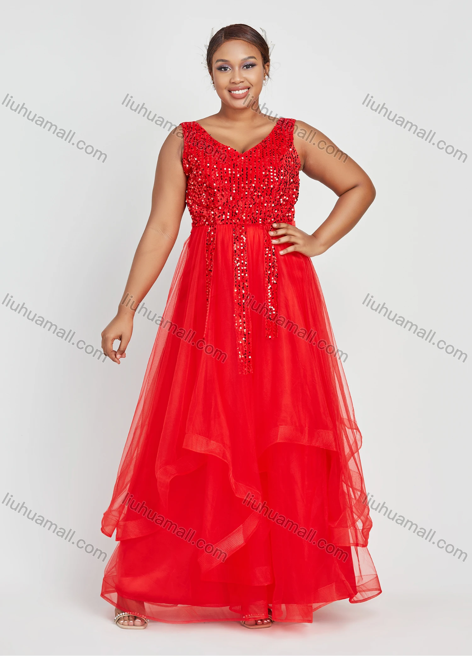 Wholesale Women's Elegant Sleeveless Plain V Neck Sequin Lace Maxi Evening Dress - Liuhuamall