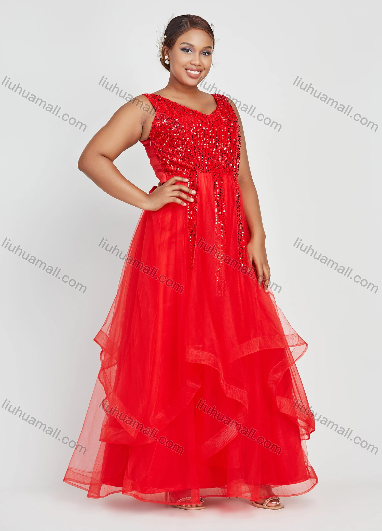 Wholesale Women's Elegant Sleeveless Plain V Neck Sequin Lace Maxi Evening Dress - Liuhuamall