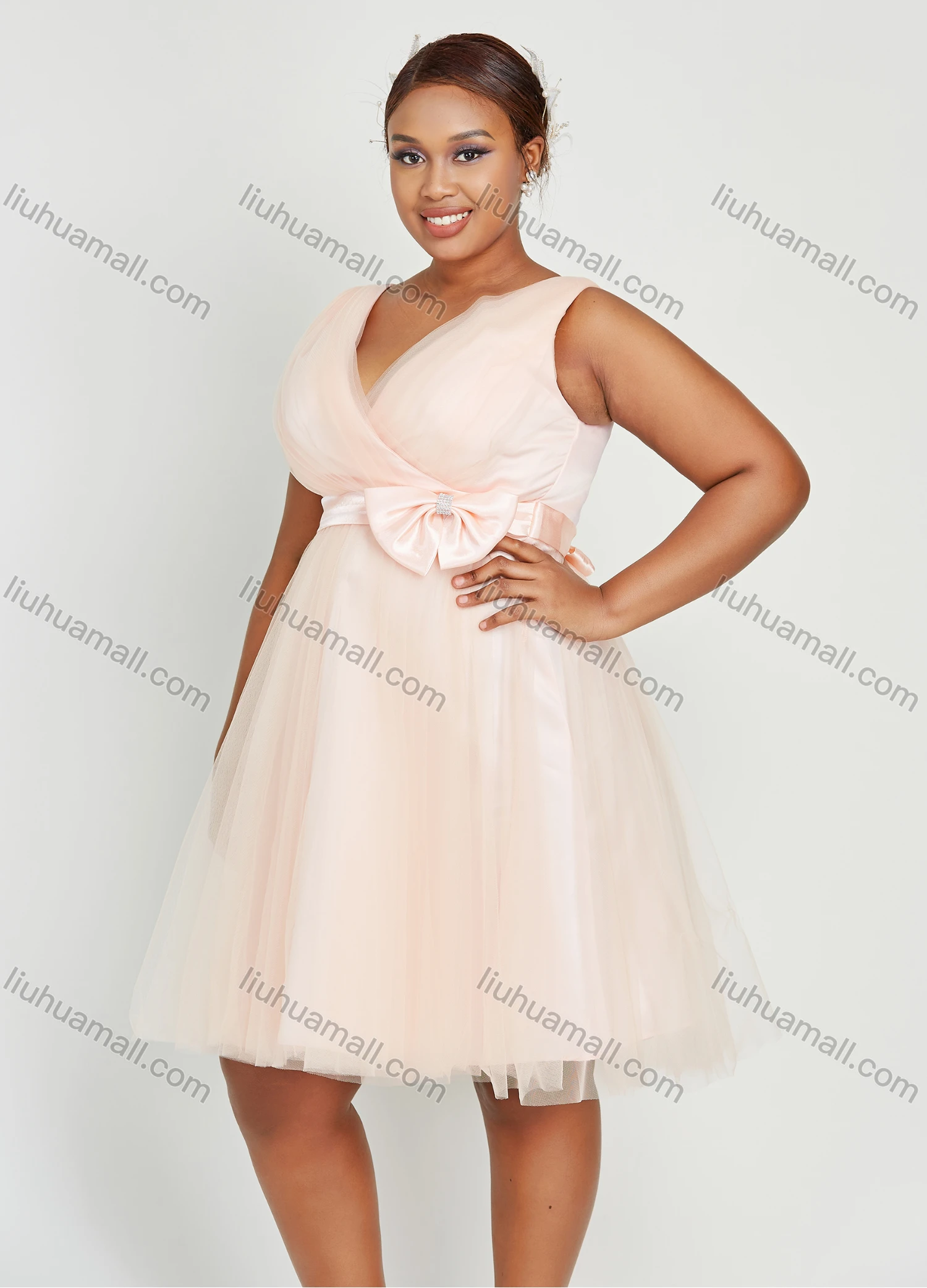 Wholesale Women's Elegant Sleeveless V Neck Tie Back Bowknot Mesh Cocktail Party Dress - Liuhuamall